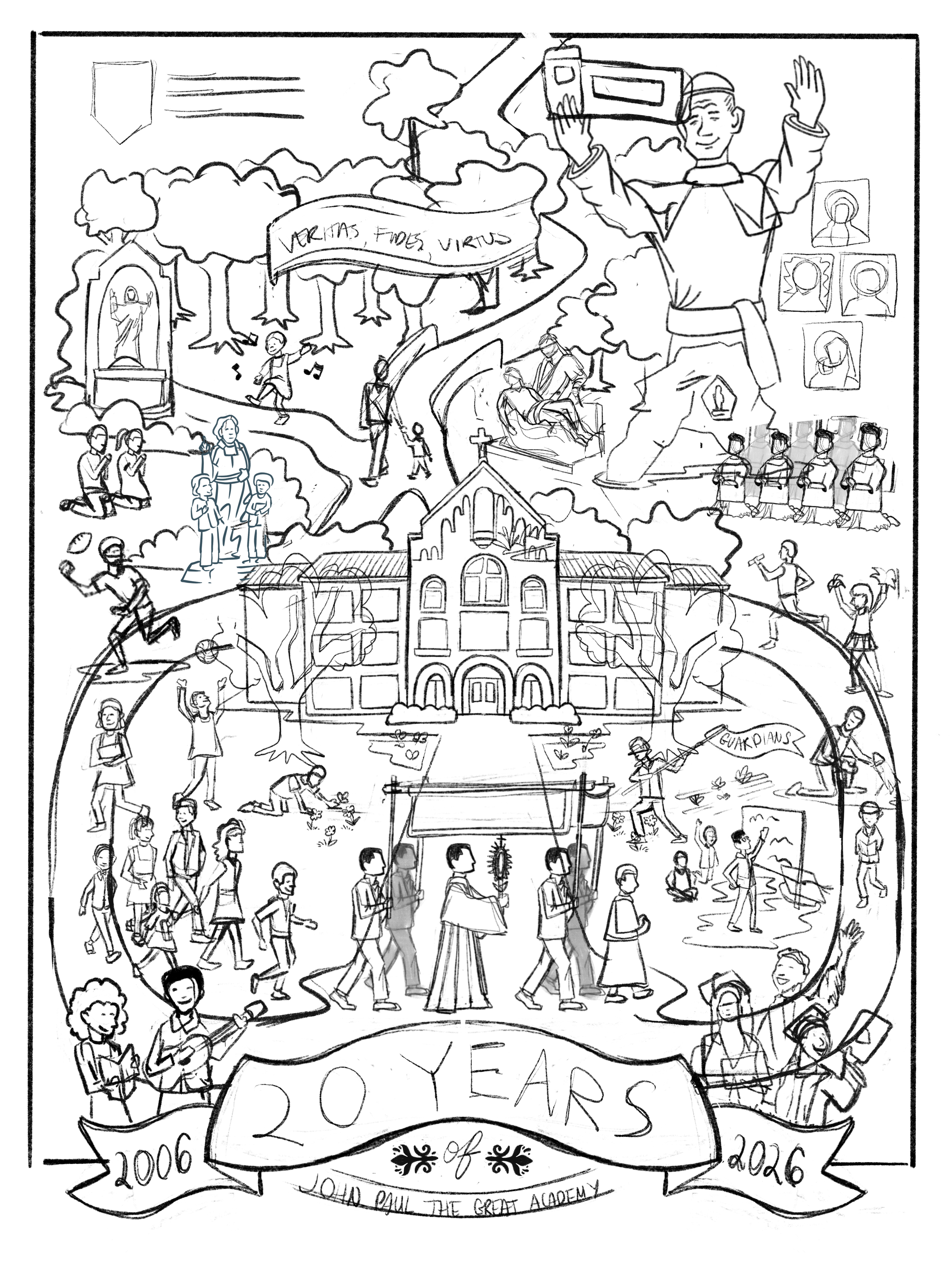 A hand-drawn poster celebrating the 20th anniversary of the Great Academy from 2006 to 2026. It features a large school building in the center, surrounded by people including children, students, and musicians, with some involved in activities like playing guitar, singing, and gardening. The poster also includes various symbolic and decorative elements, such as trees, a banner with the words 'Virtutes, Fides, Virtus,' and a large figure holding a book and waving. The words 'POEARS' and 'LOYALTY' are also visible, along with quotes like 'Hold Paul the Great Academy.'
