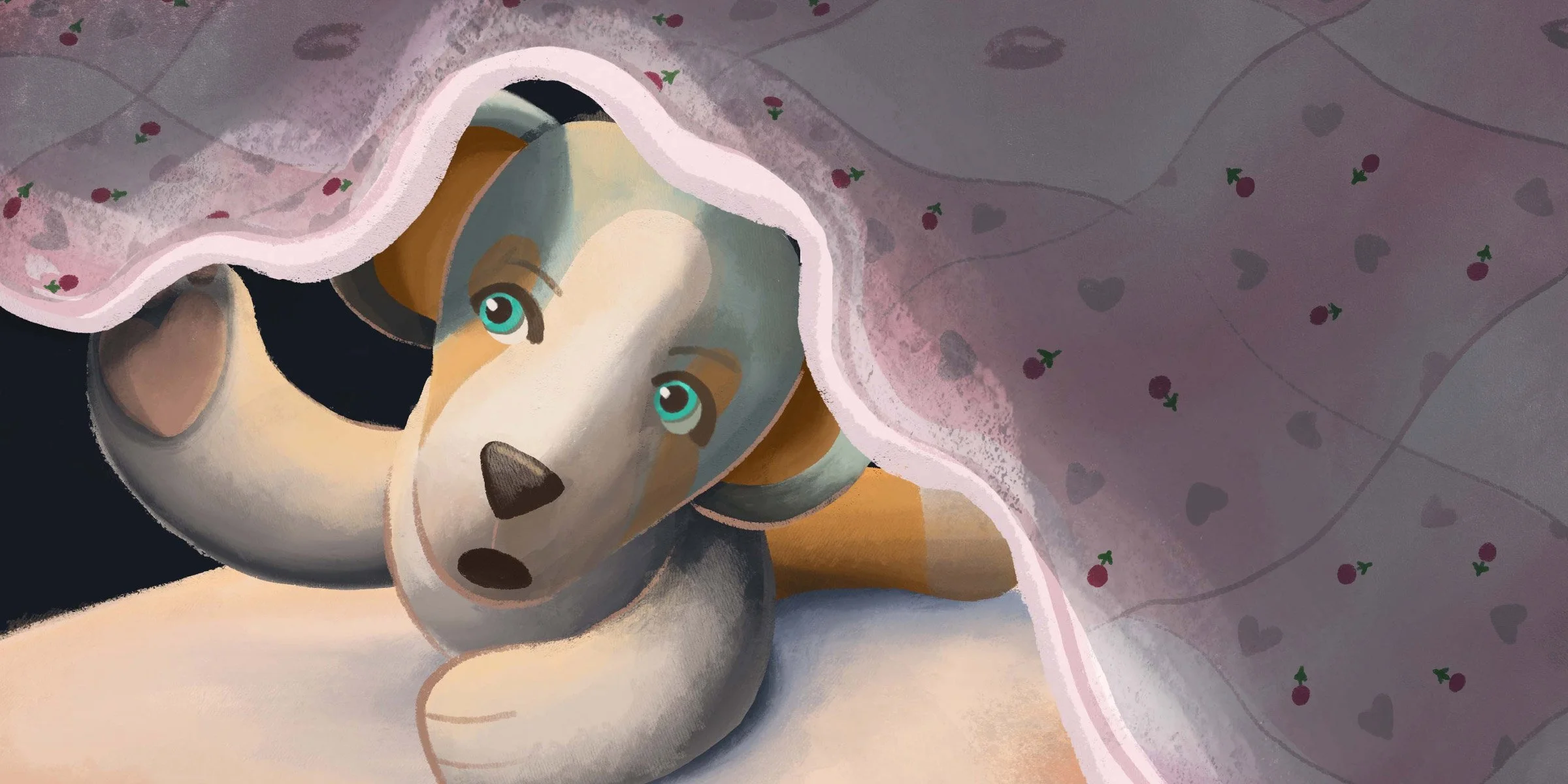 A digital illustration of a dog lying under a pink blanket with heart and cherry patterns, looking up with blue eyes.