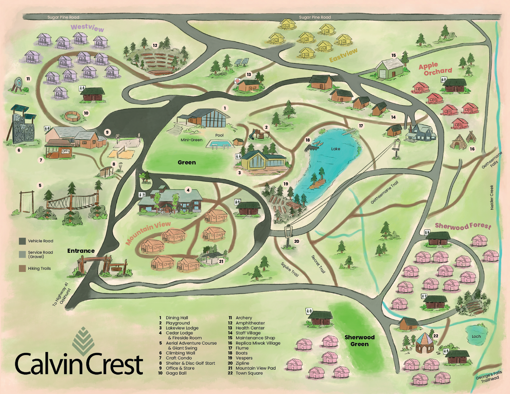 Map of CalvinCrest with features such as lodge, lake, various cabins, trail, and activity areas, labeled with numbers and names.
