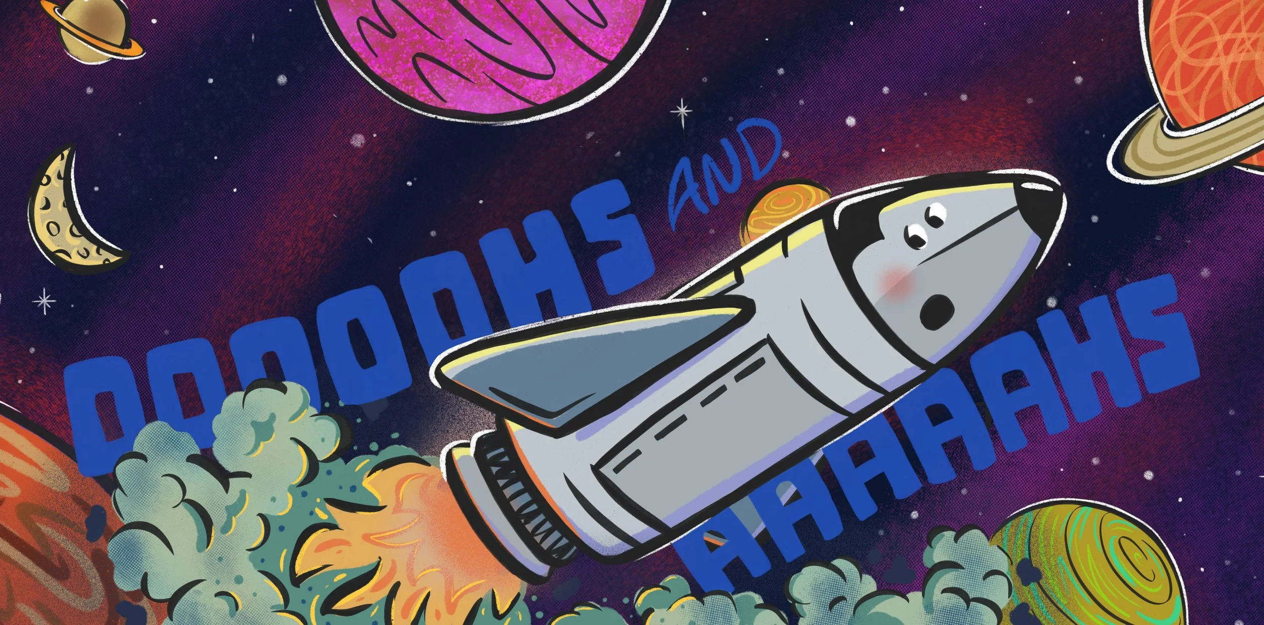 Colorful cartoon space scene featuring a spaceship with a face, planets, moons, stars, and cosmic explosions, with the words 'SPACE AND' repeated in blue text.