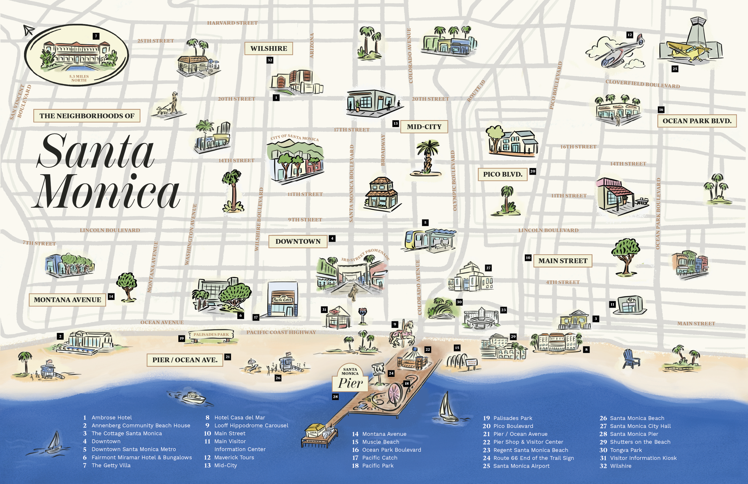 A illustrated map of Santa Monica featuring landmarks such as the pier, beach, parks, hotels, shopping centers, and streets like Ocean Avenue, Main Street, and Wilshire with icons representing various attractions and locations.