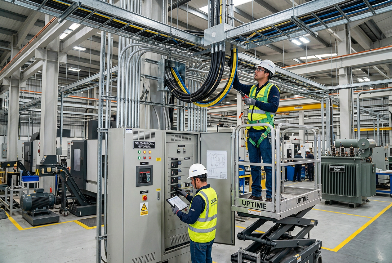 Two workers in safety helmets and vests operating electrical equipment and wiring in an industrial manufacturing facility.