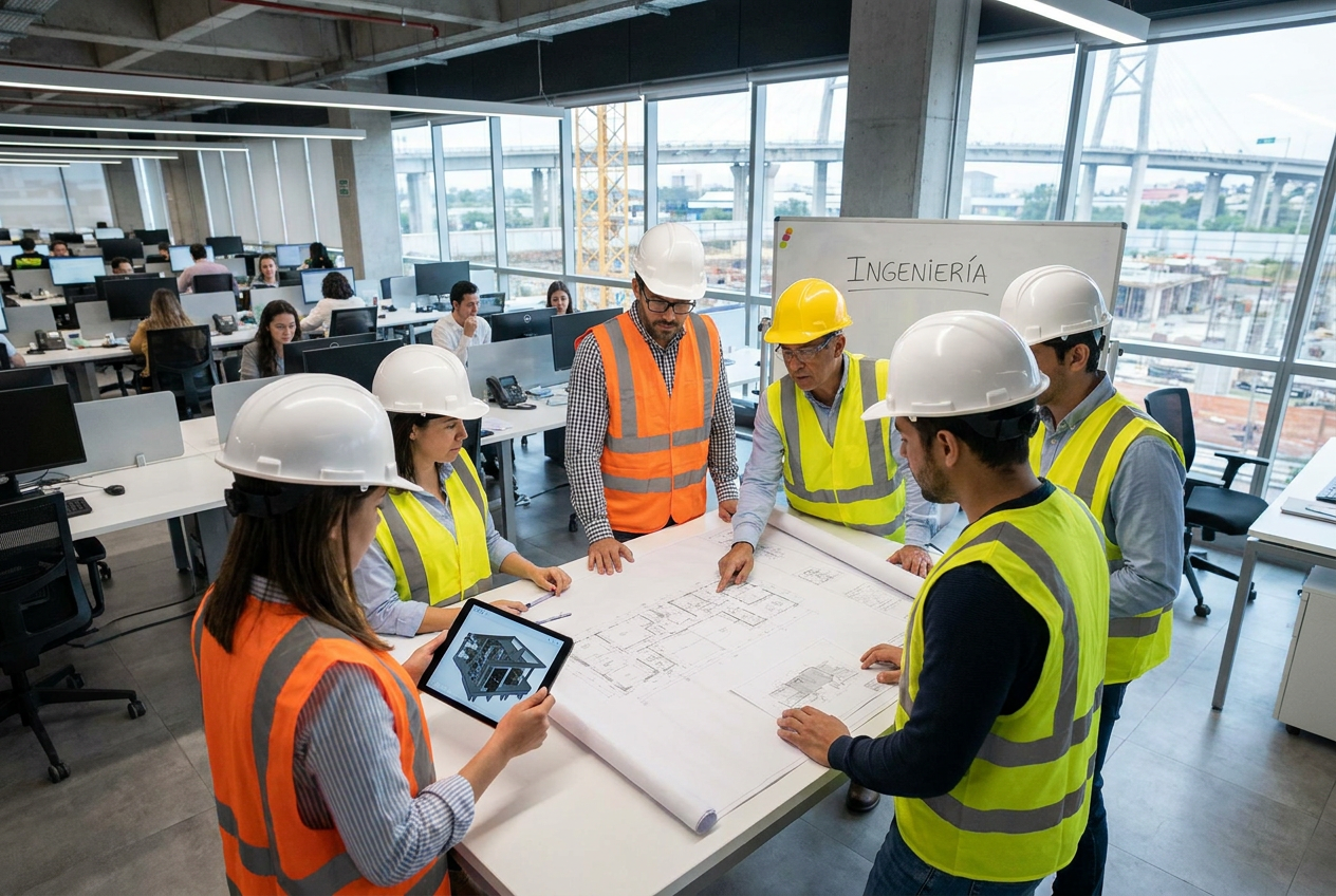 Construction engineers and architects gathered around a table with blueprints in an office space, wearing safety helmets and vests, with an industrial office background and workers at desks in the background.
