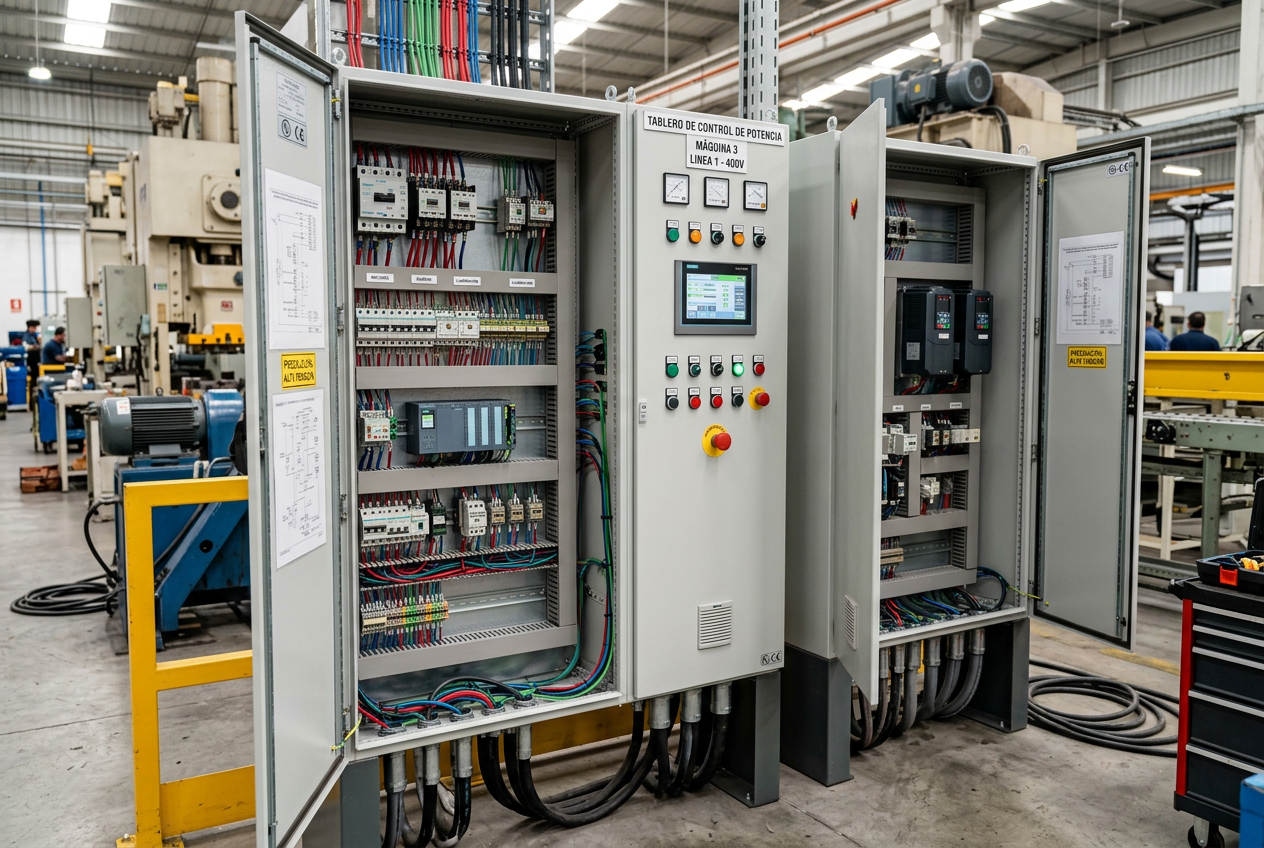 Industrial electrical control panels inside a factory