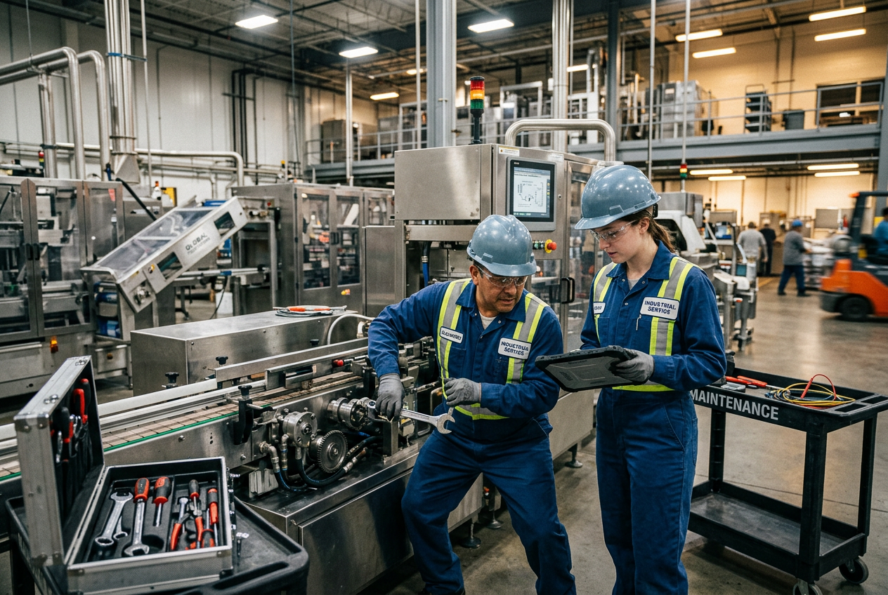 Two factory workers, wearing safety helmets and uniforms, working on machinery in an industrial manufacturing plant.