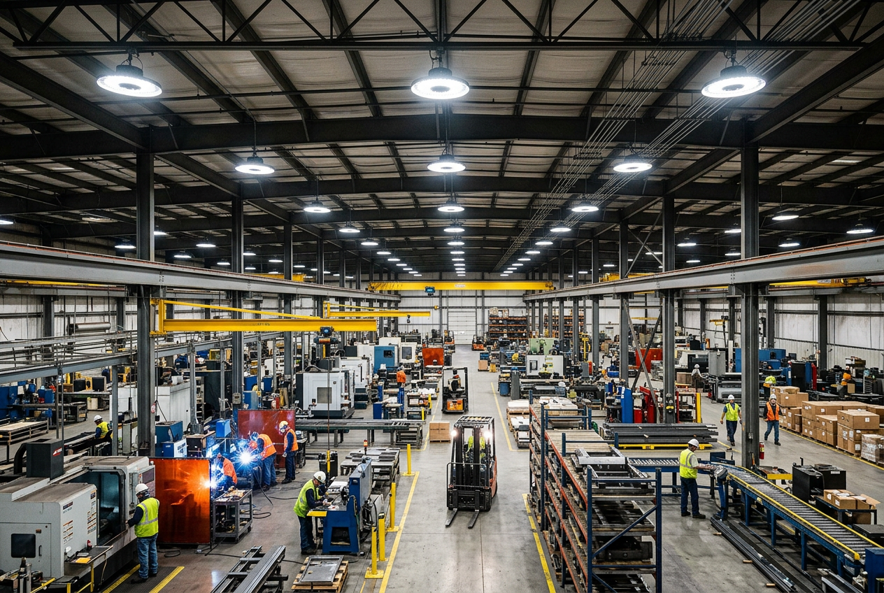 Inside a large manufacturing factory with workers in safety gear operating machinery and working on assembly lines.