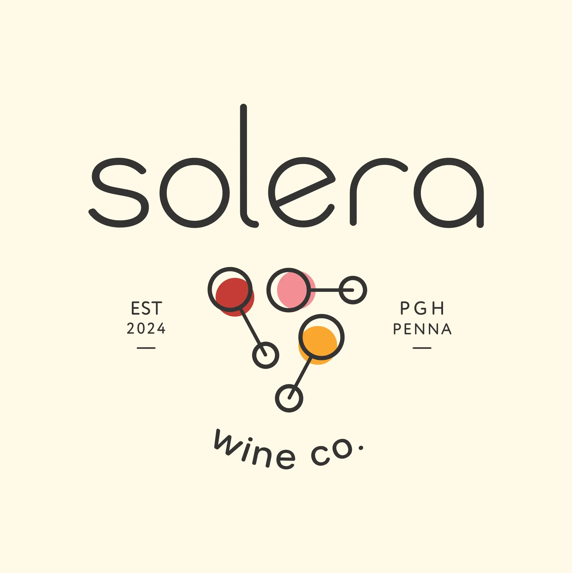 Logo for Solera Wine Co featuring a minimalistic design with interconnected colored circles and text including the name, establishment year 2024, and locations PGH and Penns.