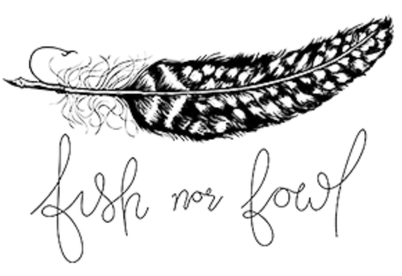 A black and white illustration of a feather with a tattoo-style script below that reads 'fish no fool'.