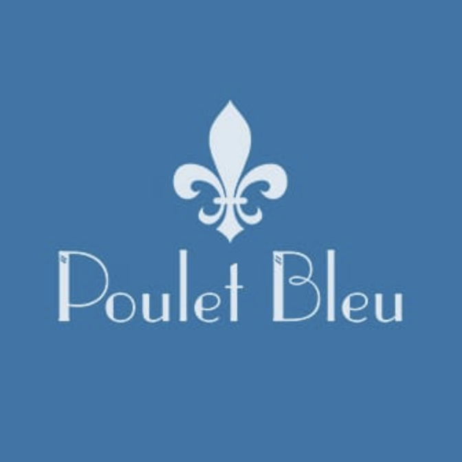 Blue background with a white fleur-de-lis symbol and the text "Poulet Bleu" in white.