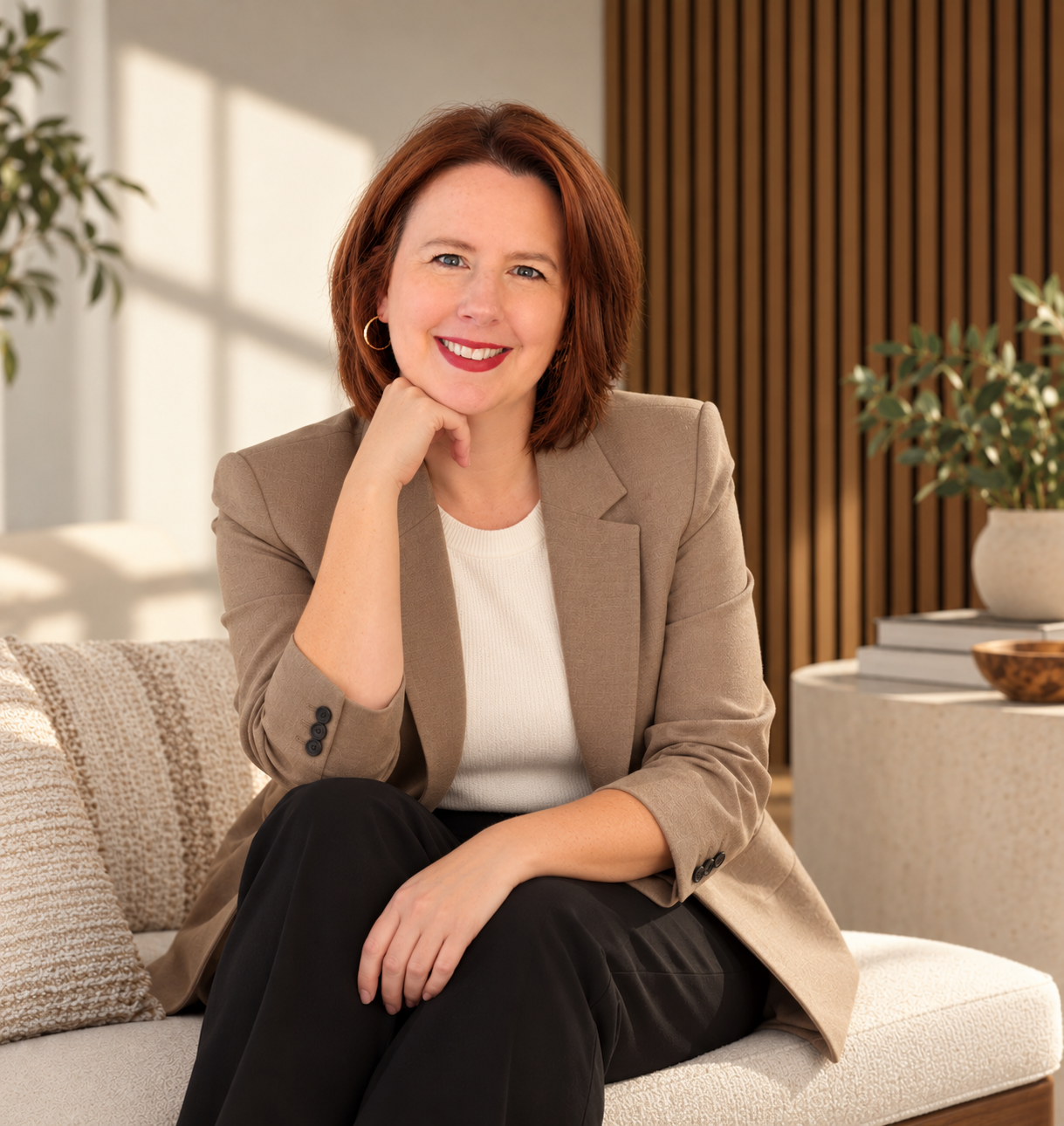 A woman with red hair, wearing a beige blazer and black pants, sitting on a cream-colored sofa in a modern interior with wooden paneling and potted plants, smiling at the camera.