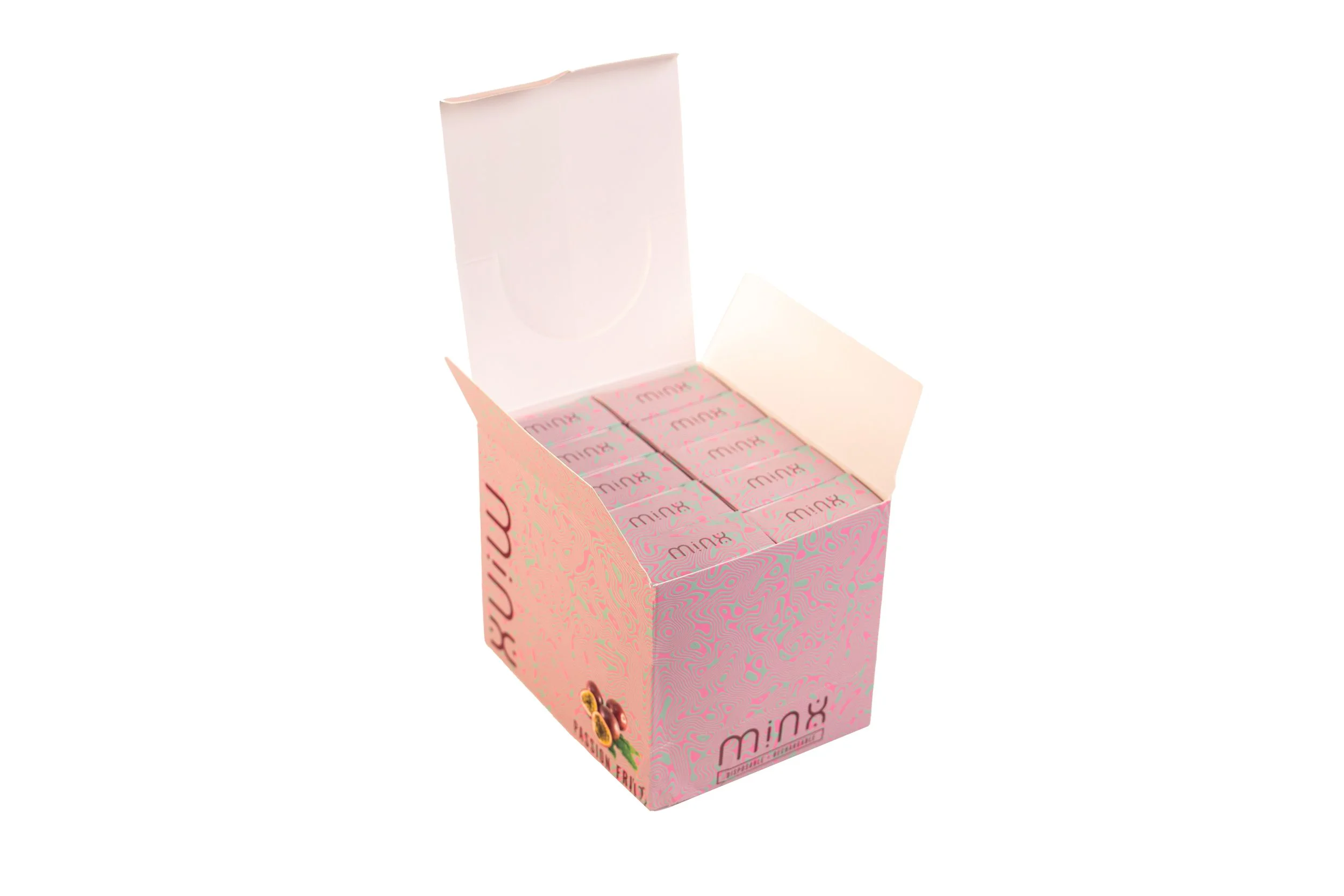 Open pink box of Mini fruit snacks with visible individually wrapped packs inside.
