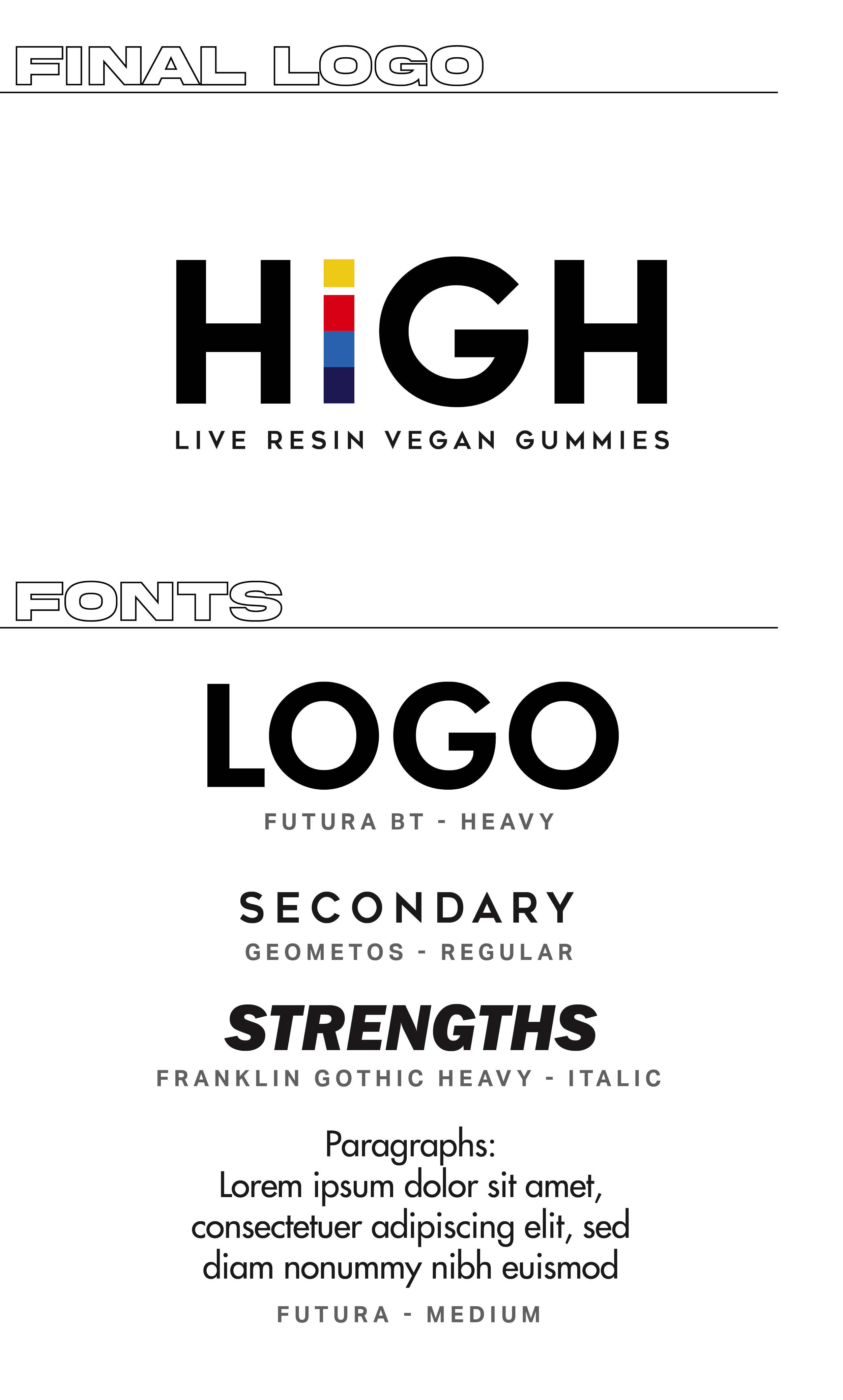 Design guide for a logo that includes font styles and color specifications for a vegan gummy brand called 'HIGH', with the tagline 'Live Resin Vegan Gummies' and instructions for logo font usage.