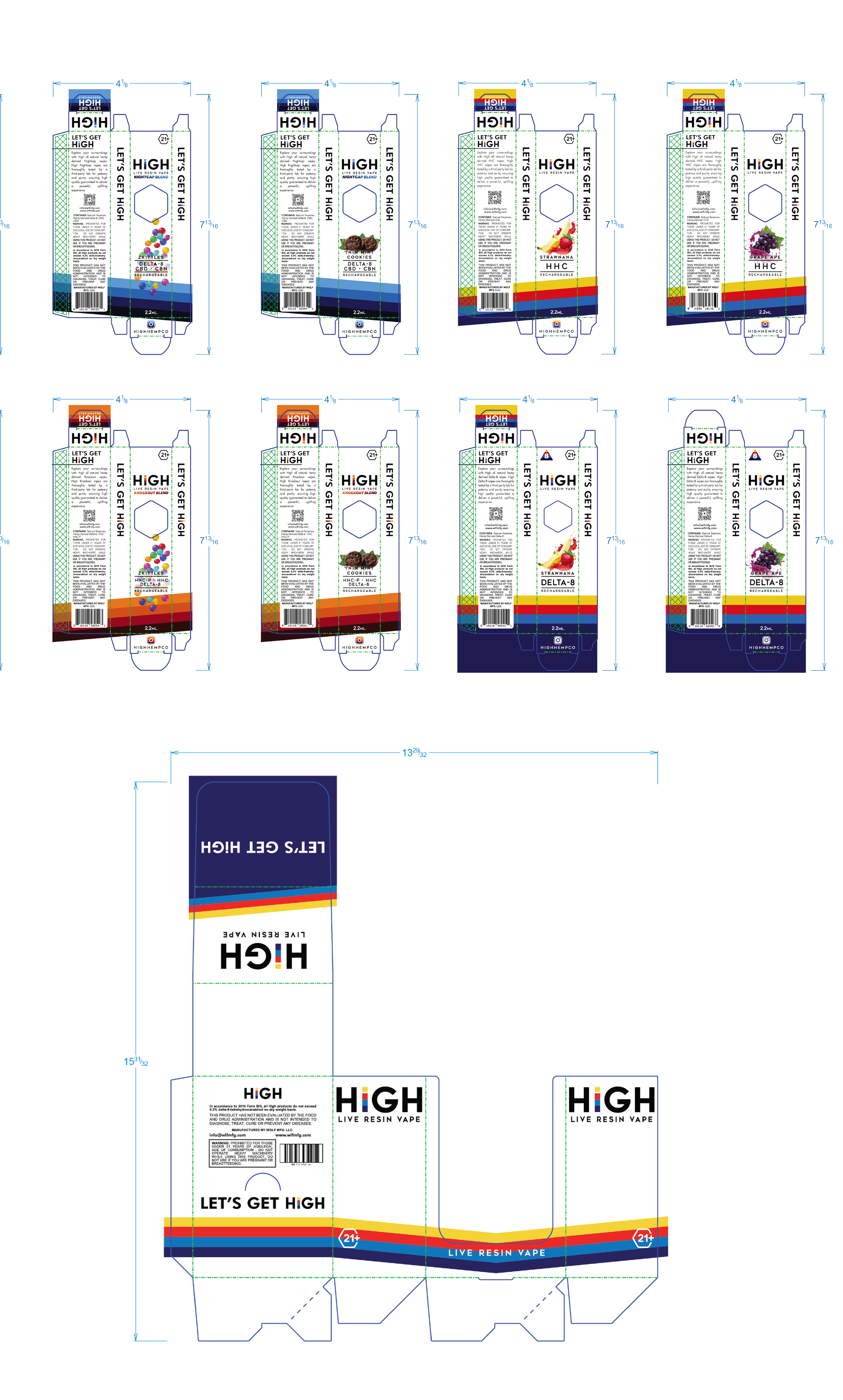 Design templates for high resin vape product packaging, showing front, side, and top views with branding, colorful stripes, and product images.