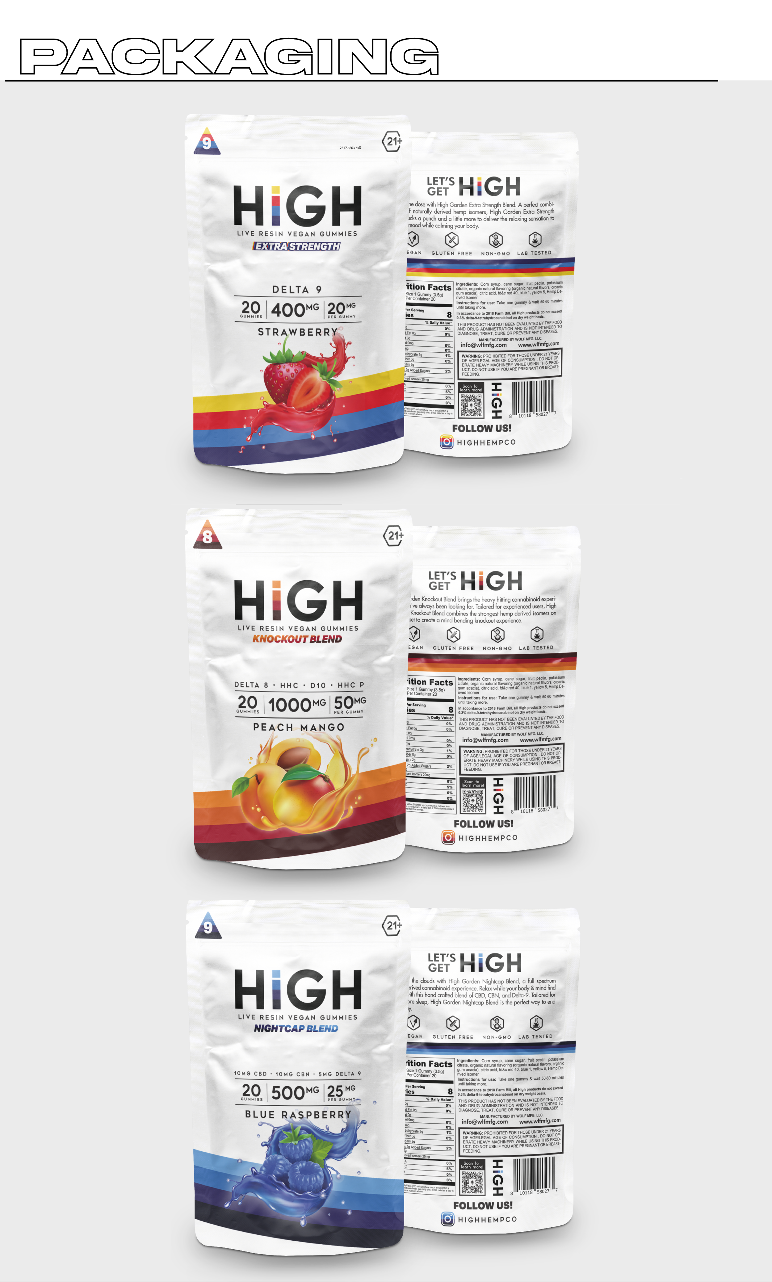 Three packages of HIGH vegan gummies in different flavors: strawberry delta 9, peach mango knockout blend, and blueberry raspberry nighttime blend, each with colorful labels and back nutrition facts.