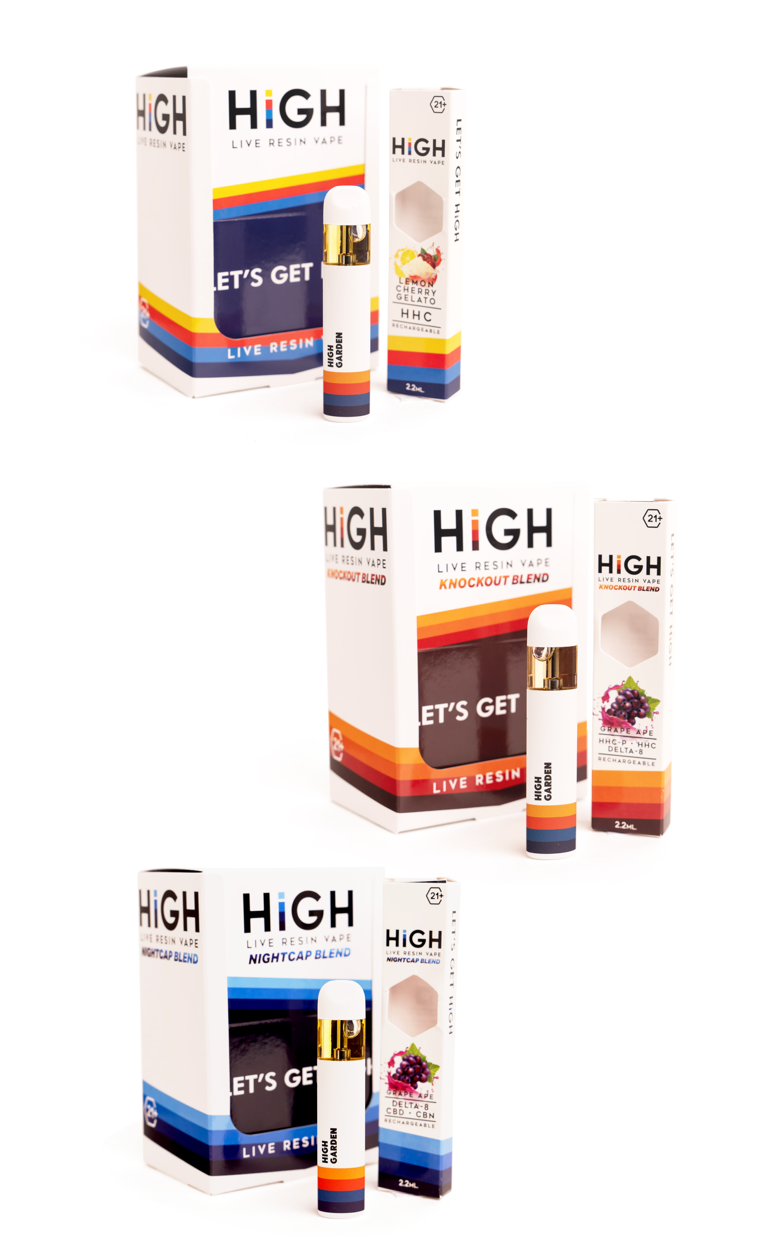 Three vape exception with their packages, each labeled with different flavors and blends, including lemon cherry gelato, grape ape, and nightcap blend, featuring colorful packaging designs.