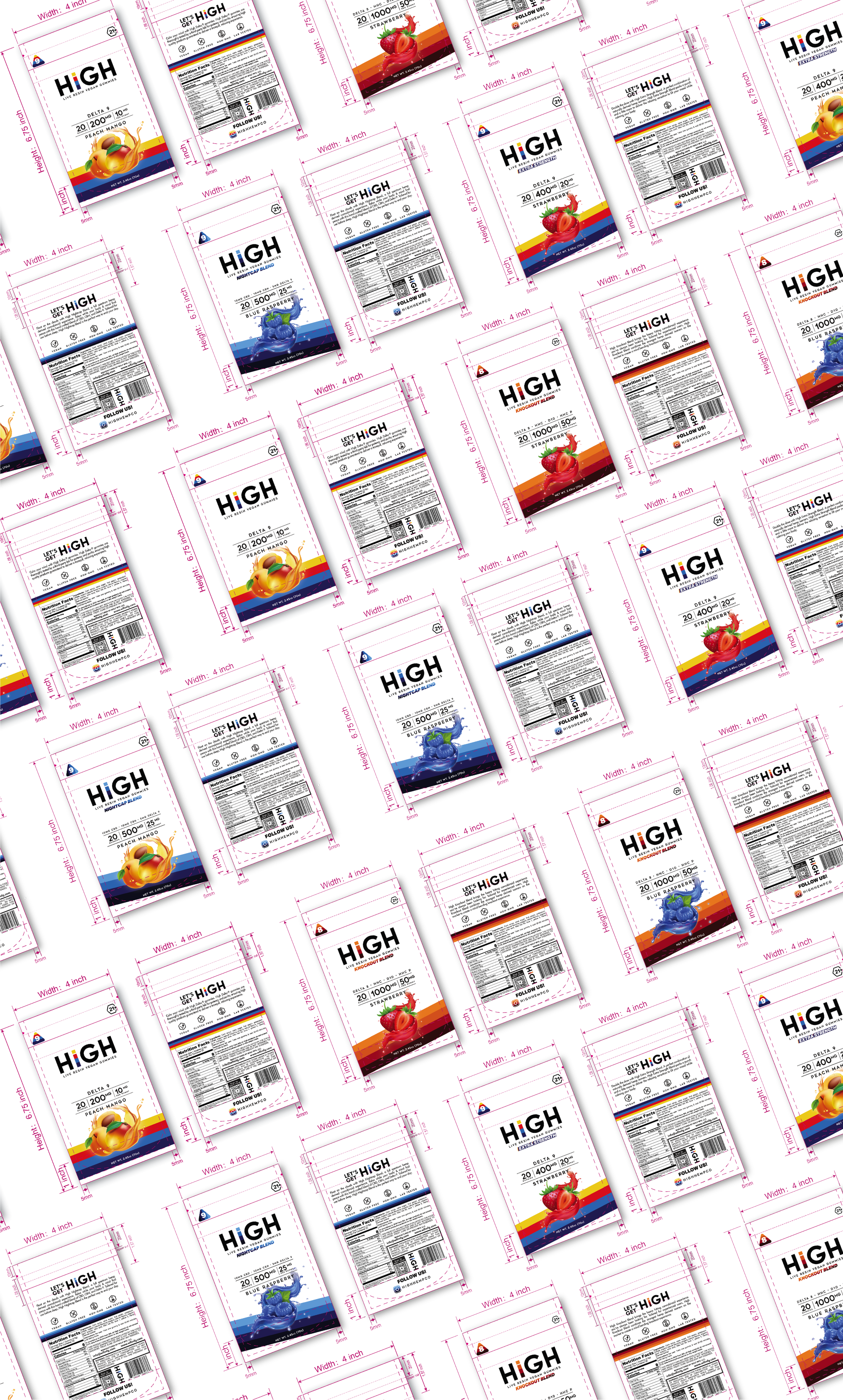 Multiple packages of high protein fruit-flavored snacks arranged in a pattern, with pink measuring grid overlay.