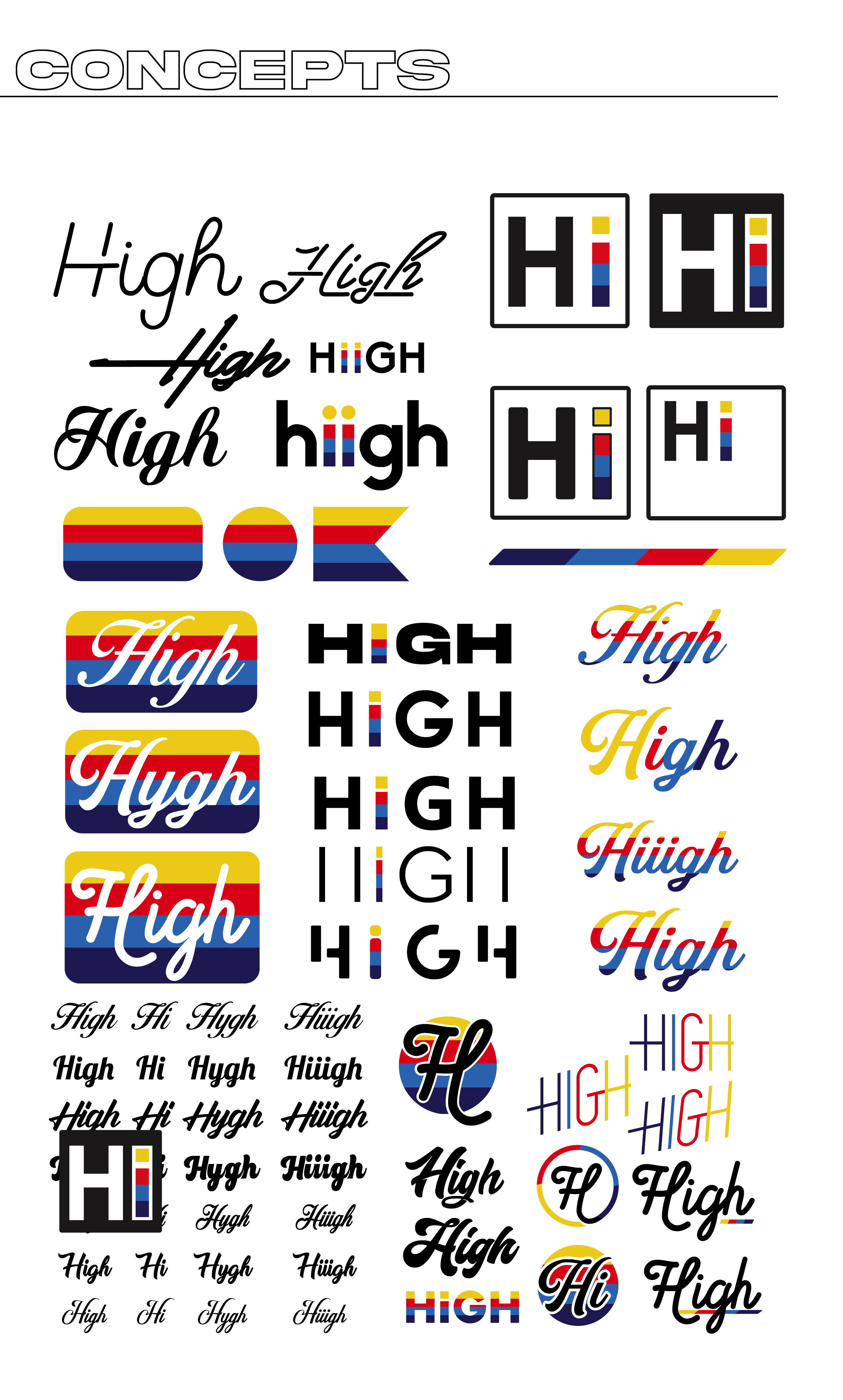 Various stylized words and logos featuring the word 'High' in different fonts, colors, and designs, including outline, script, and bold styles, some with striped or color-block backgrounds and decorative elements.