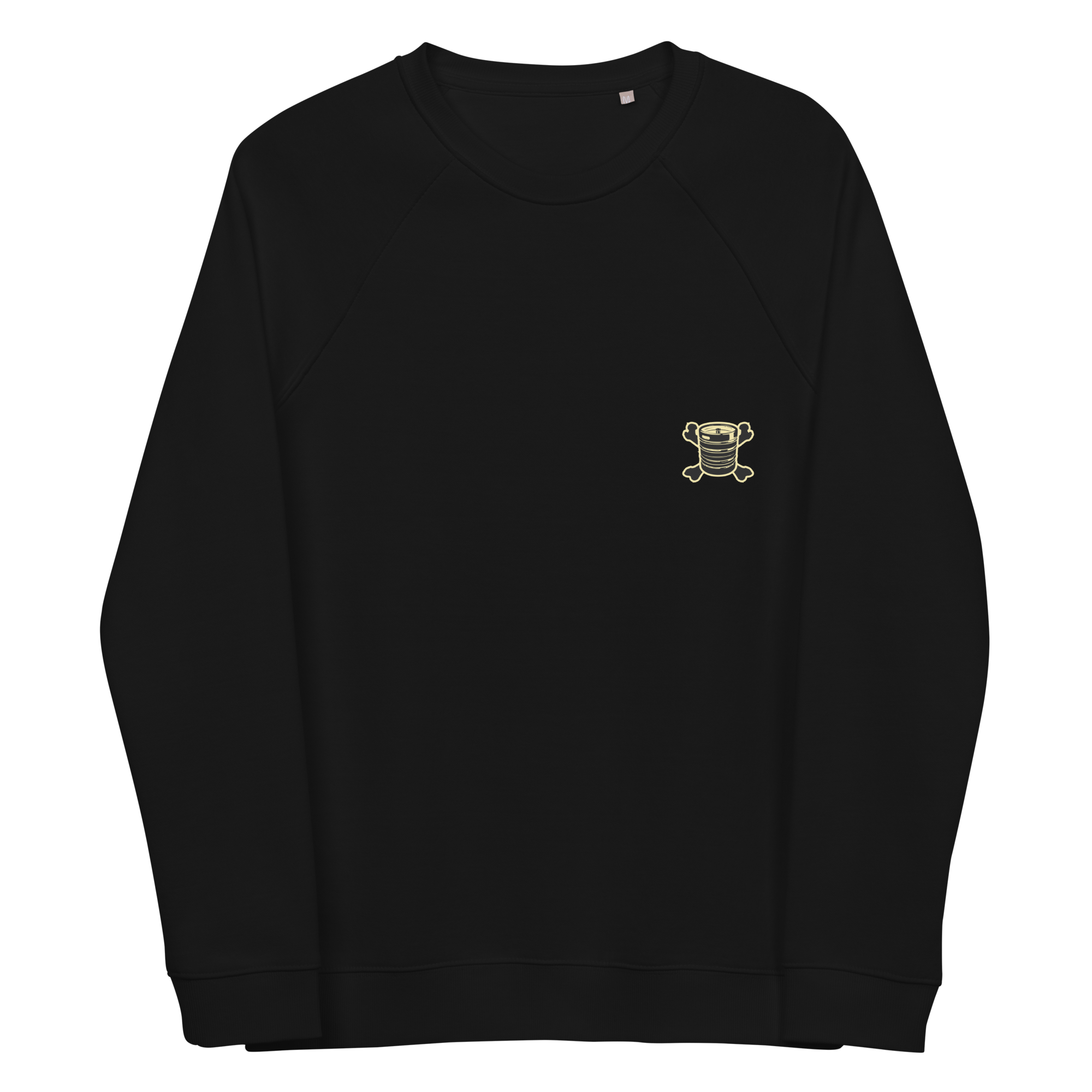 Black sweatshirt with a small embroidered design of a stack of cans with crossed bones underneath on the front left side.