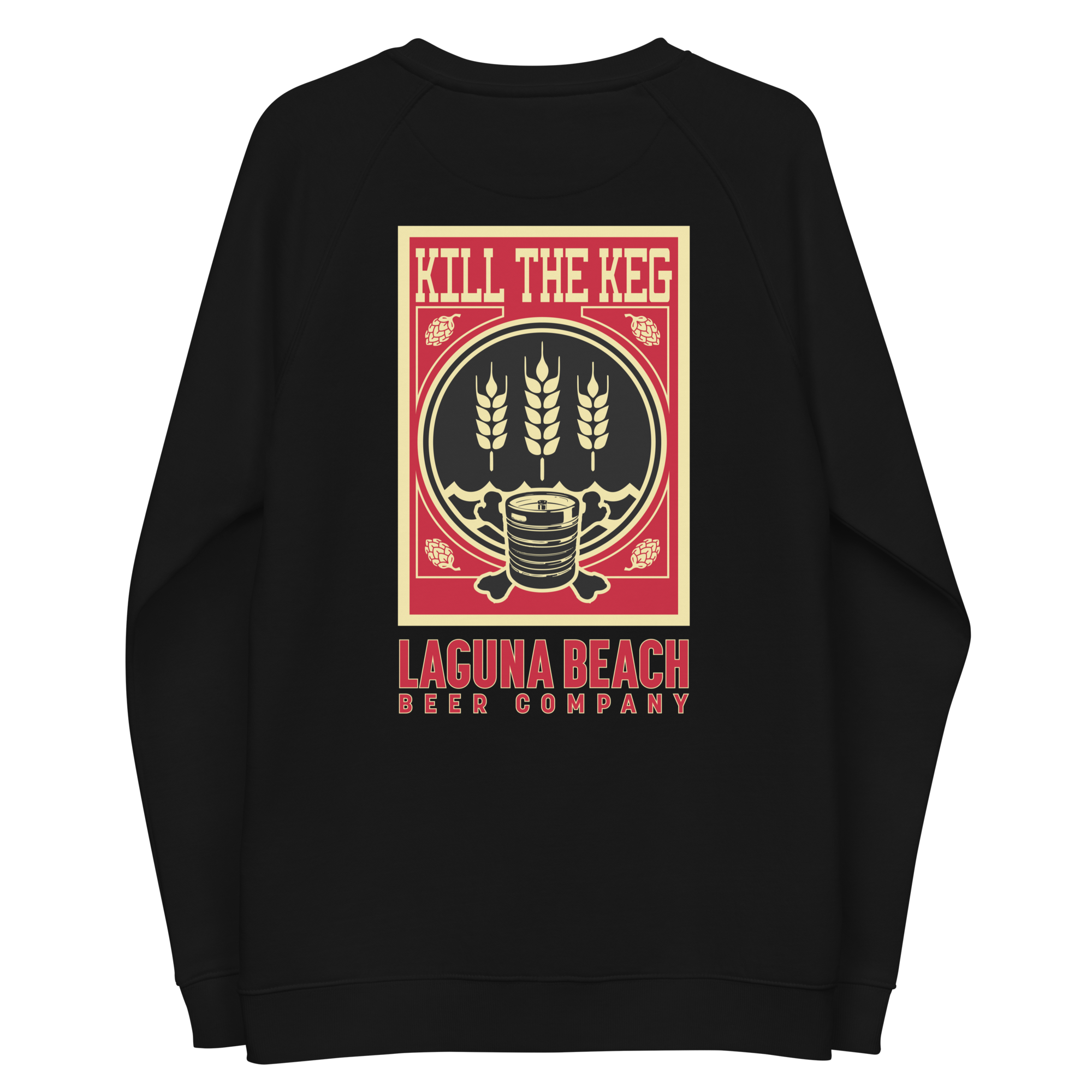 Black sweatshirt with a graphic design that says 'KILL THE KEG' at the top and 'LAGUNA BEACH BEER COMPANY' at the bottom. The design features an illustration of a keg, wheat stalks, and hop cones.
