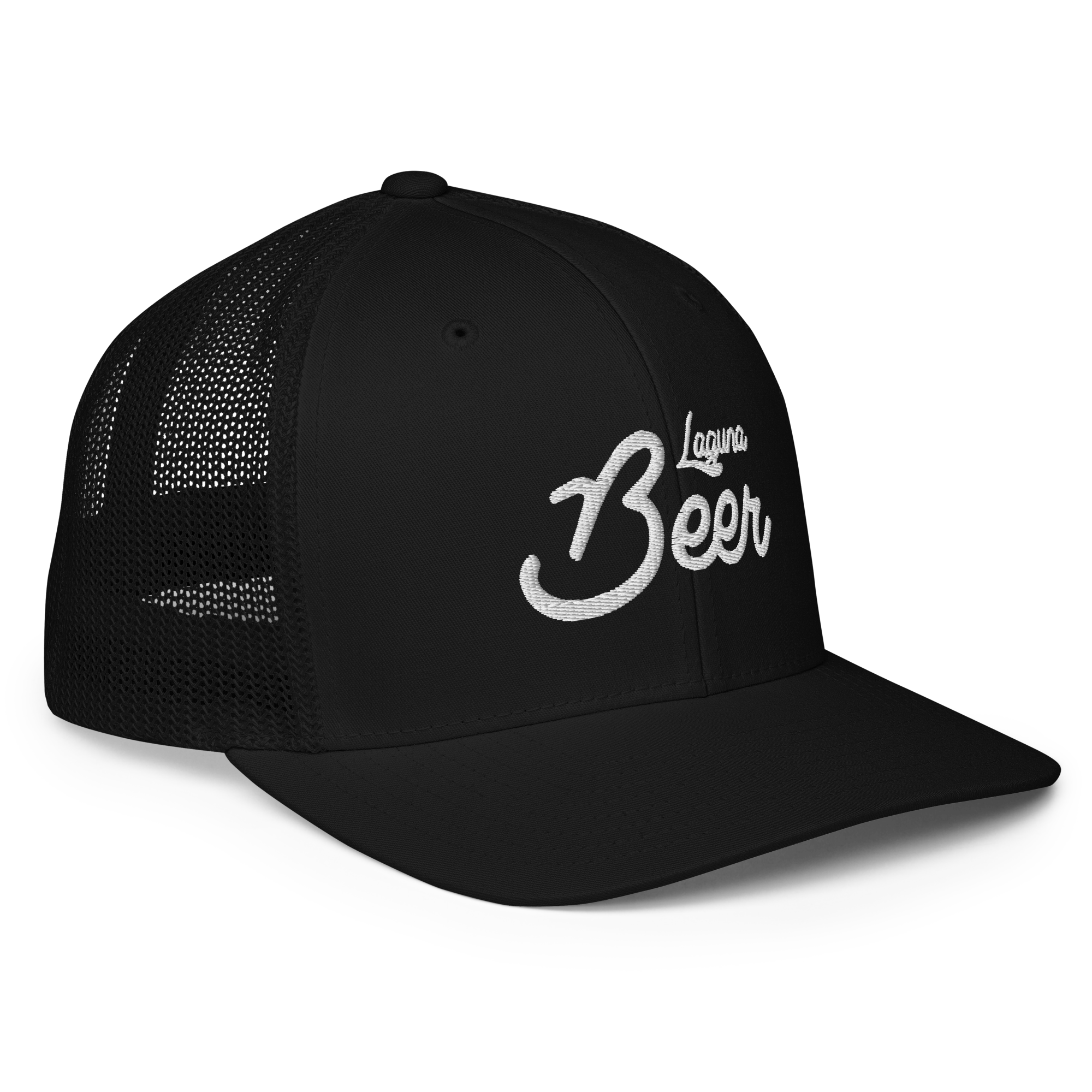 Black trucker cap with white embroidered text reading "Laguna Beach" in a cursive style
