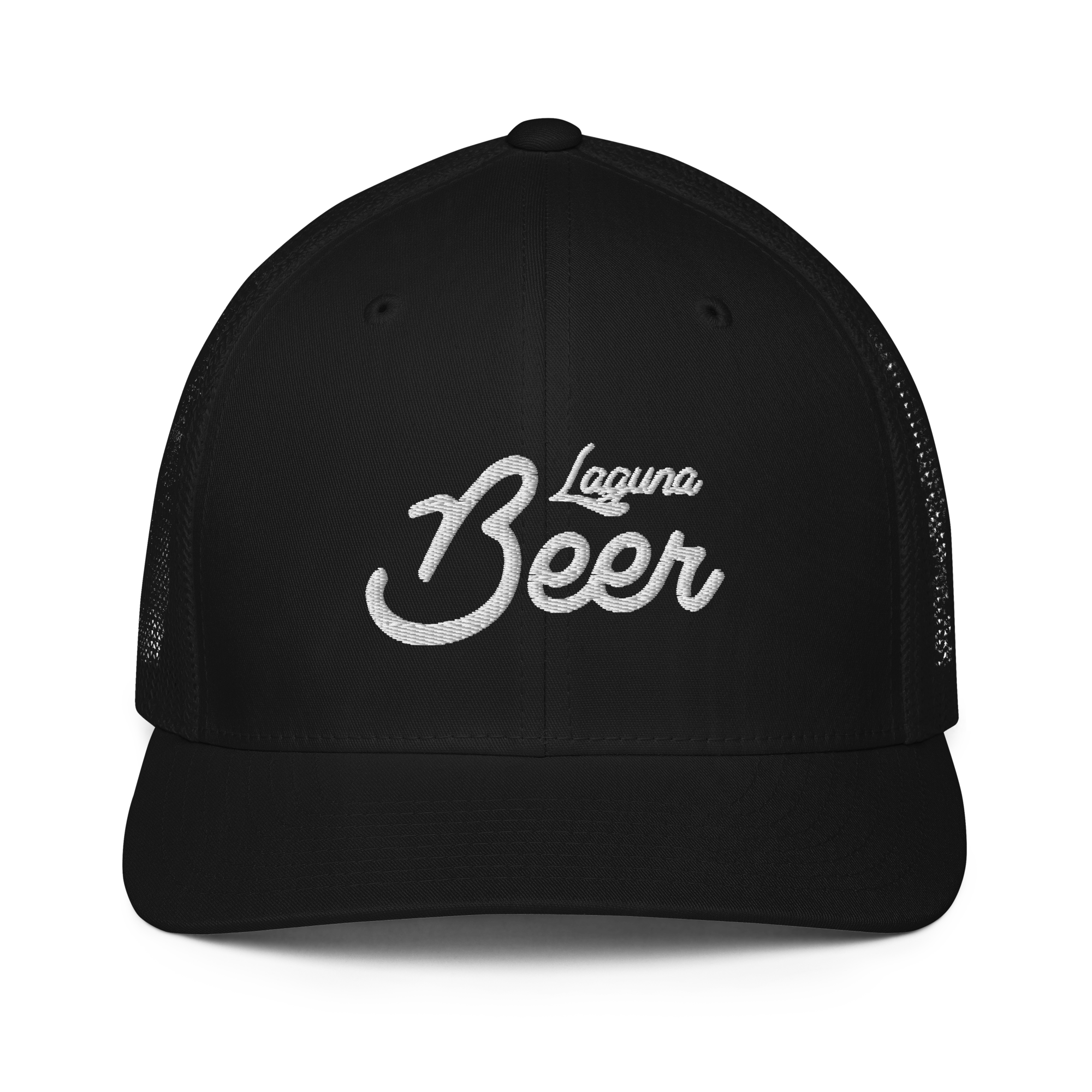 Black baseball cap with white embroidery reading "Loung Bear".