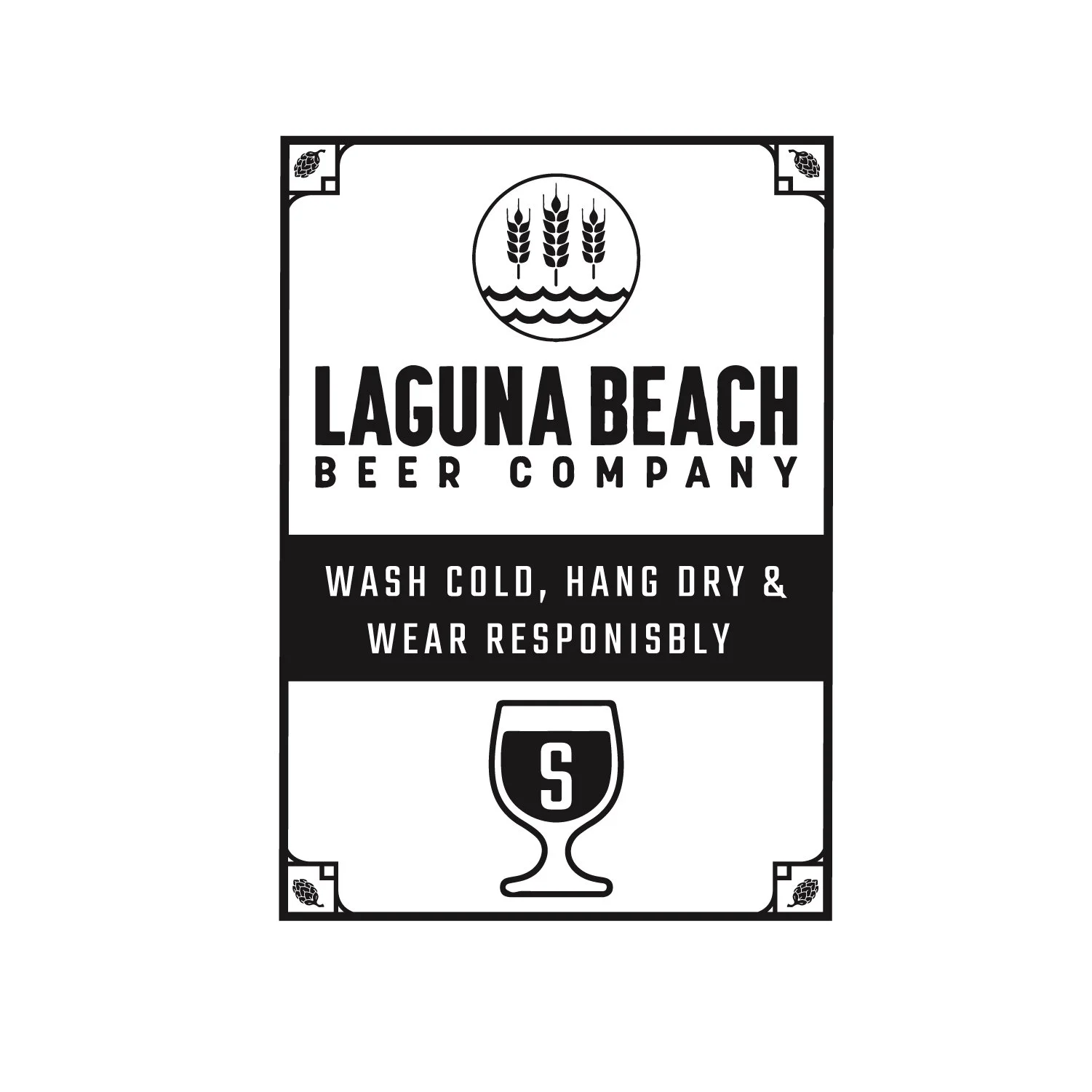 Label with logo of wheat stalks, name 'Laguna Beach Beer Company', instructions to wash cold, hang dry, and wear responsibly, and a stylized beer glass with an 'S' on it.