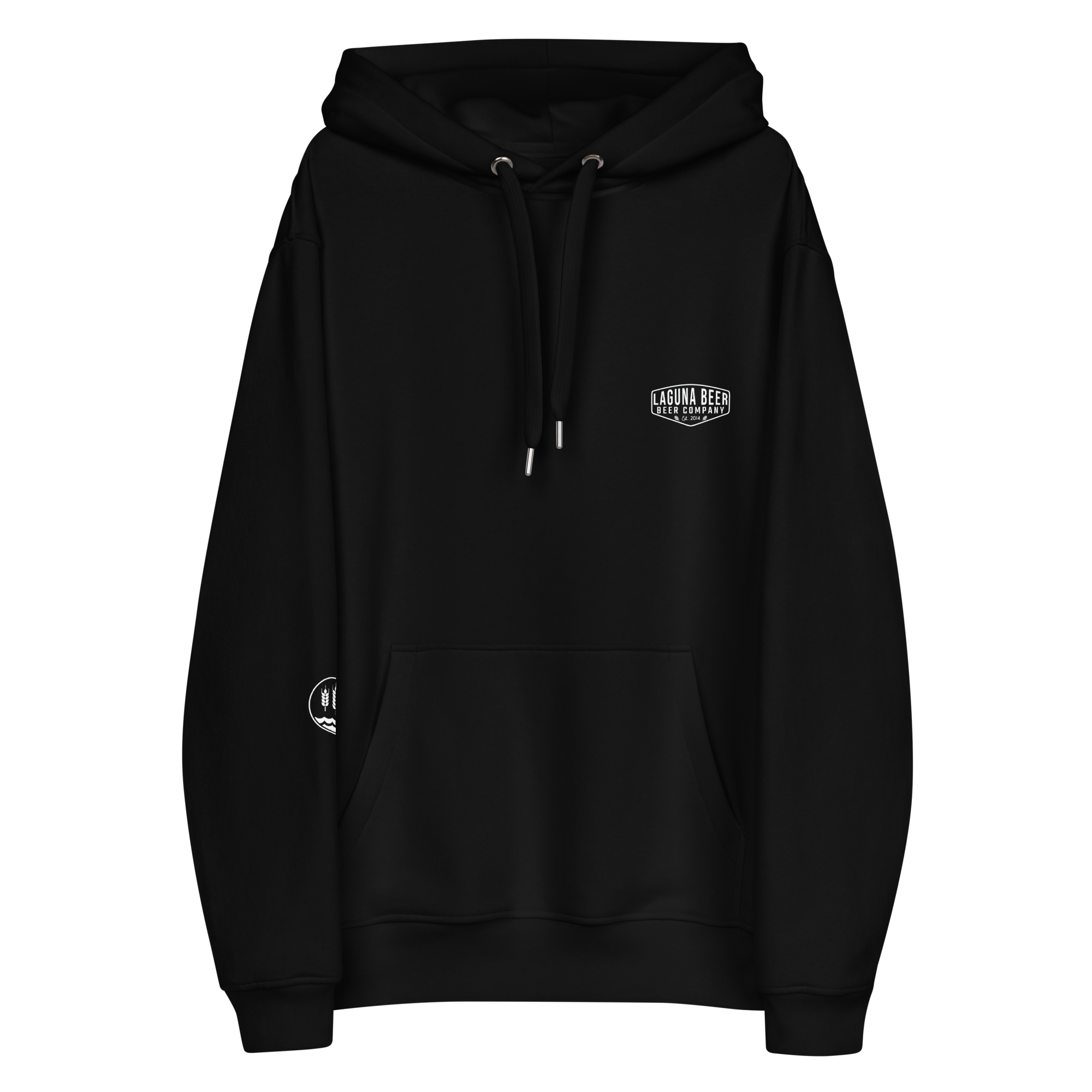Black hoodie with white logos for Laguna Beer Beer Company on the chest and sleeve, black drawstrings, and front pocket, on black background.