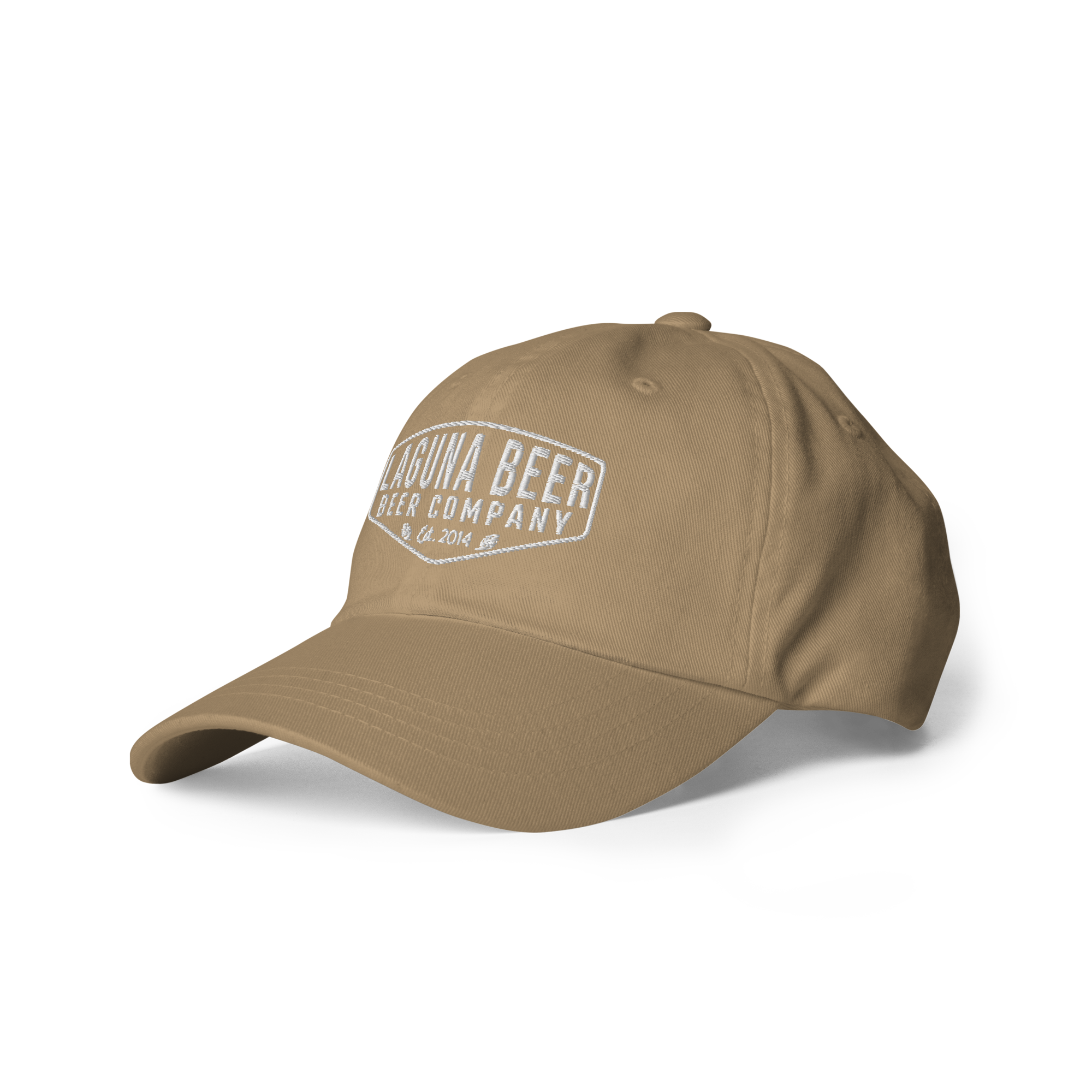 Beige baseball cap with white embroidered logo reading 'Laguna Beer Beer Company est. 2014'.