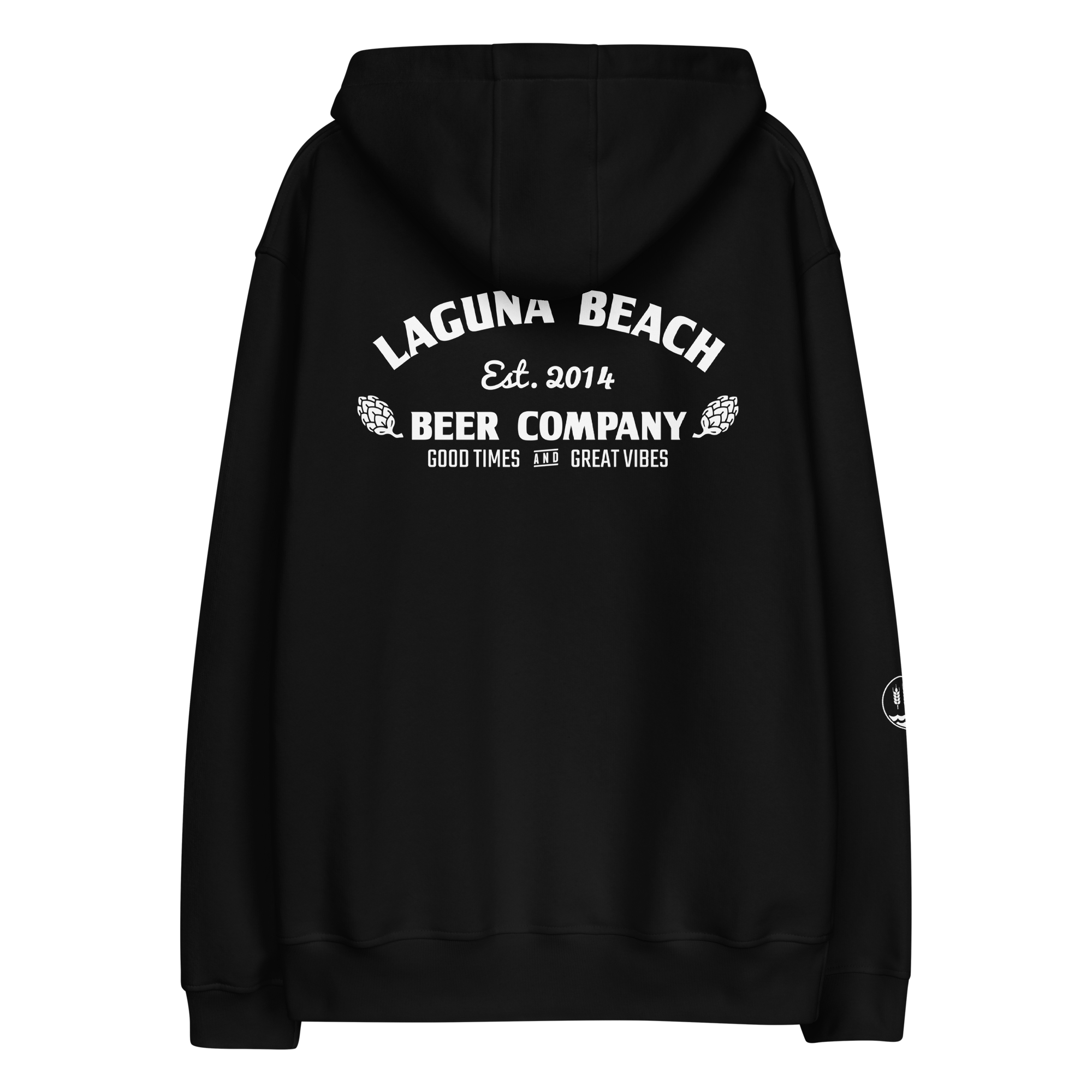 Black hoodie with white text and graphics promoting Laguna Beach Beer Company, established in 2014, featuring hops and beer icons.
