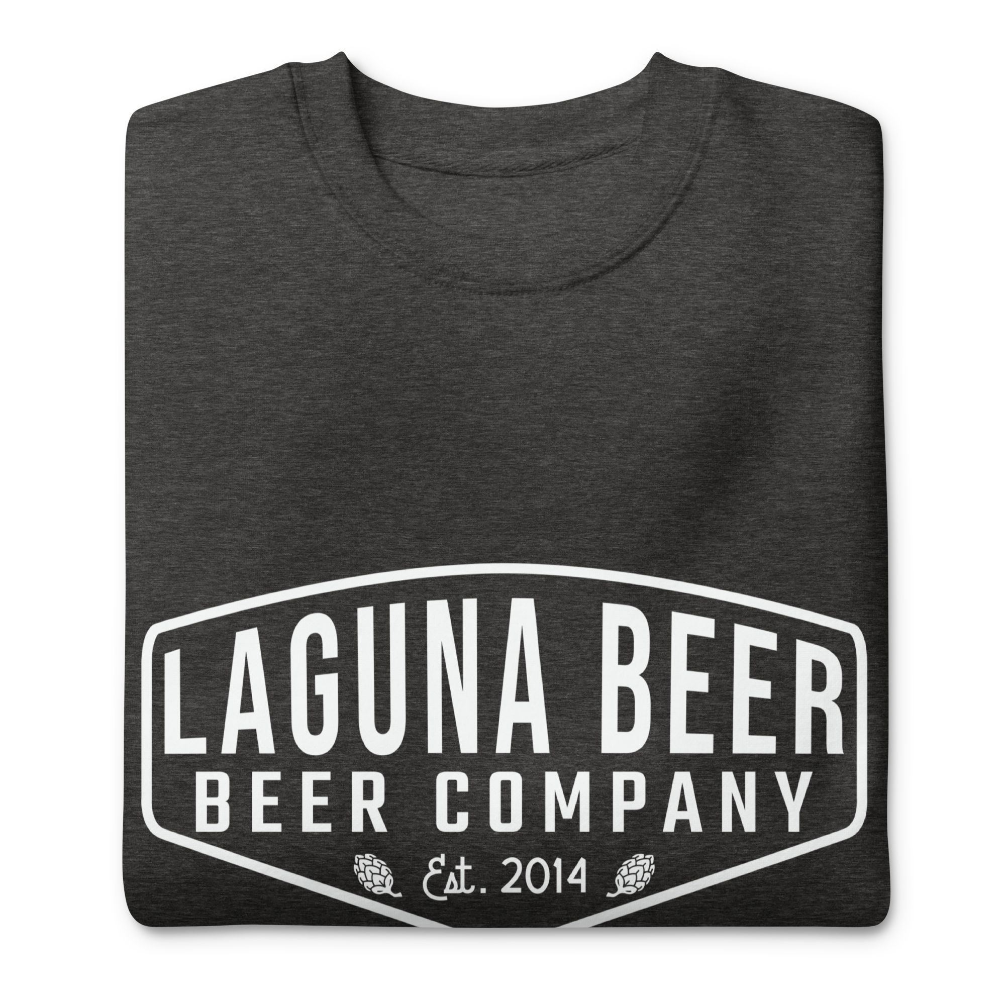 Gray T-shirt with white logo reading 'Laguna Beer Beer Company est. 2014' and two hops illustrations.