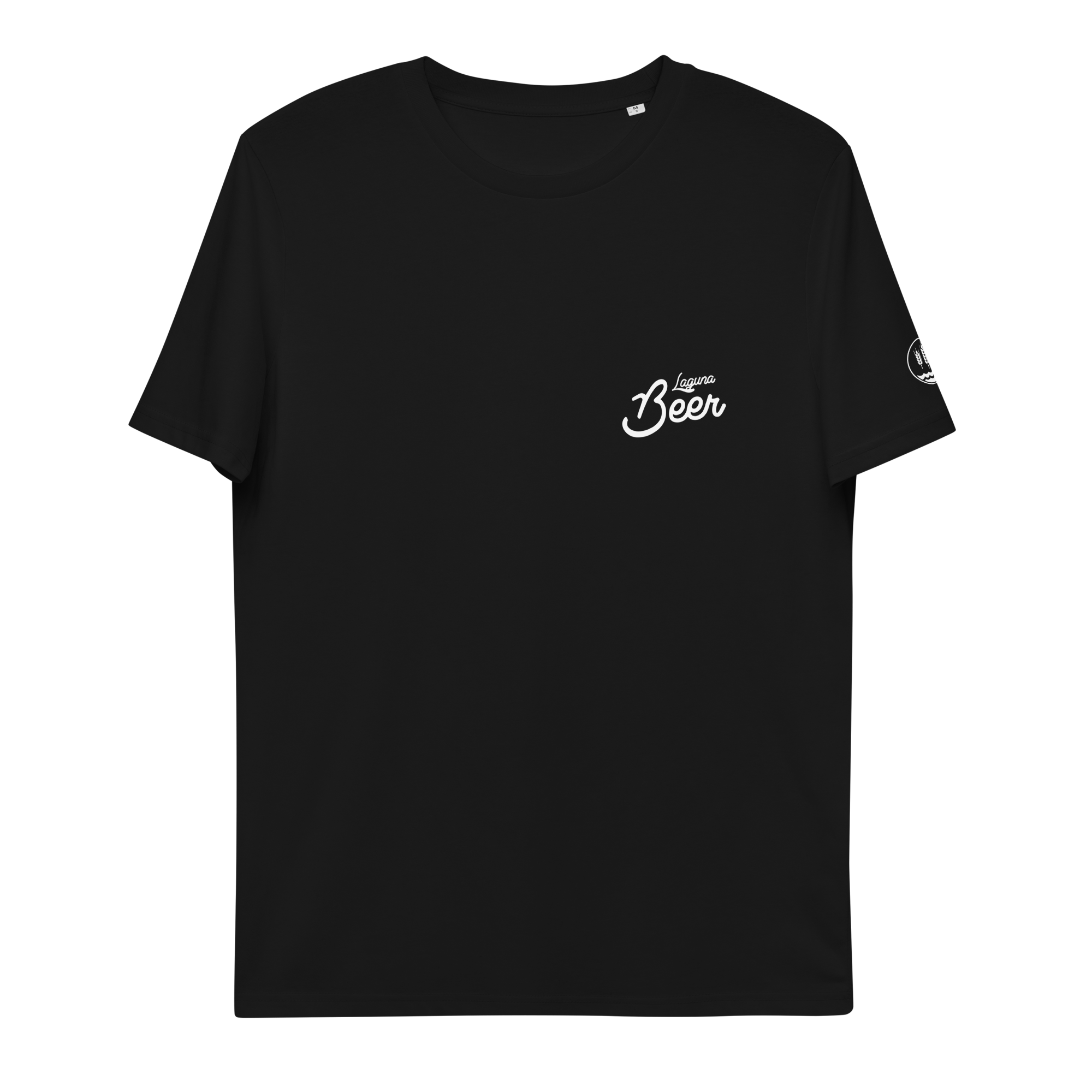 Black T-shirt with white logo 'Laguna Beer' on the front left chest and a small beer bottle icon on the sleeve.