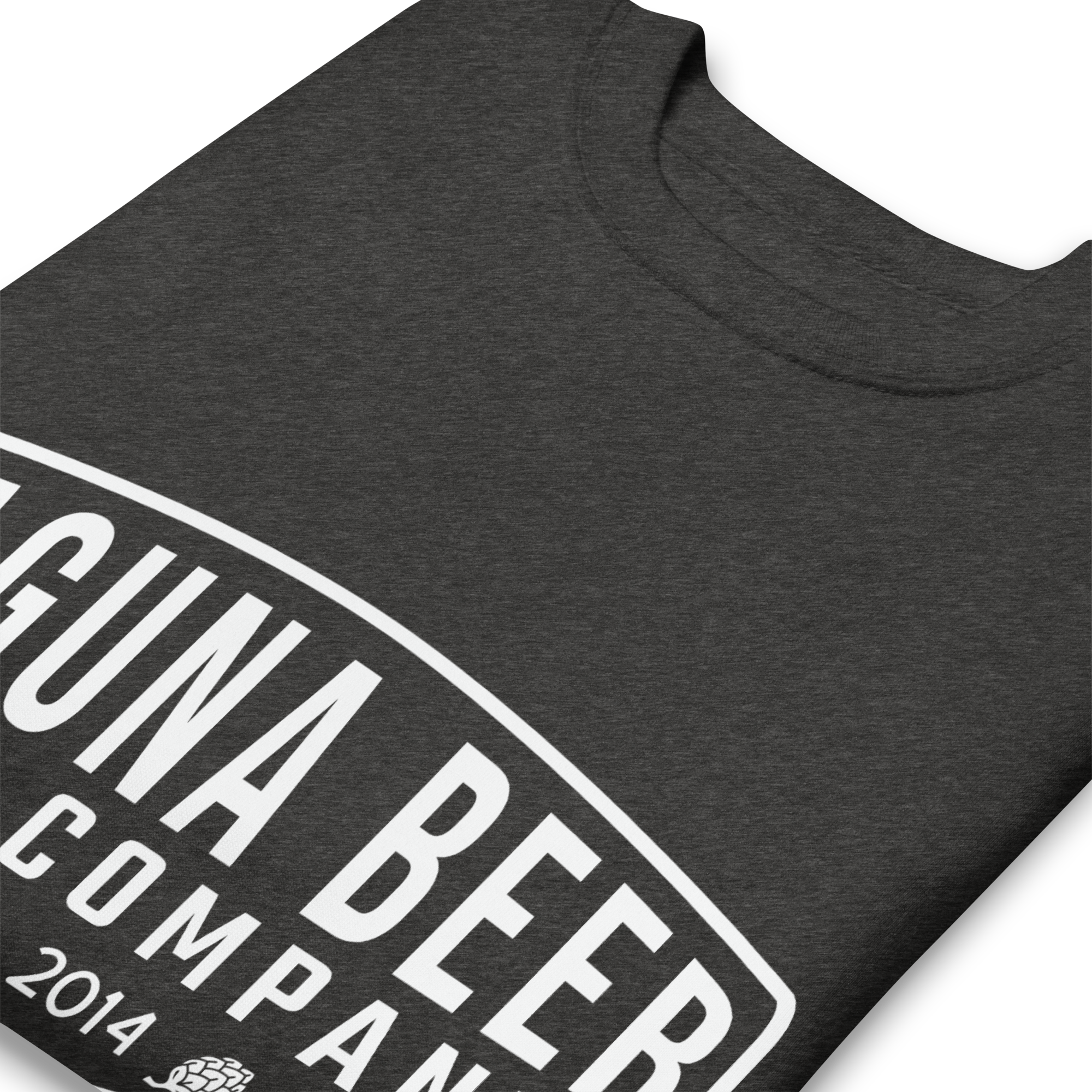 Close-up of a dark gray T-shirt with white text and logo related to beer and brewery.