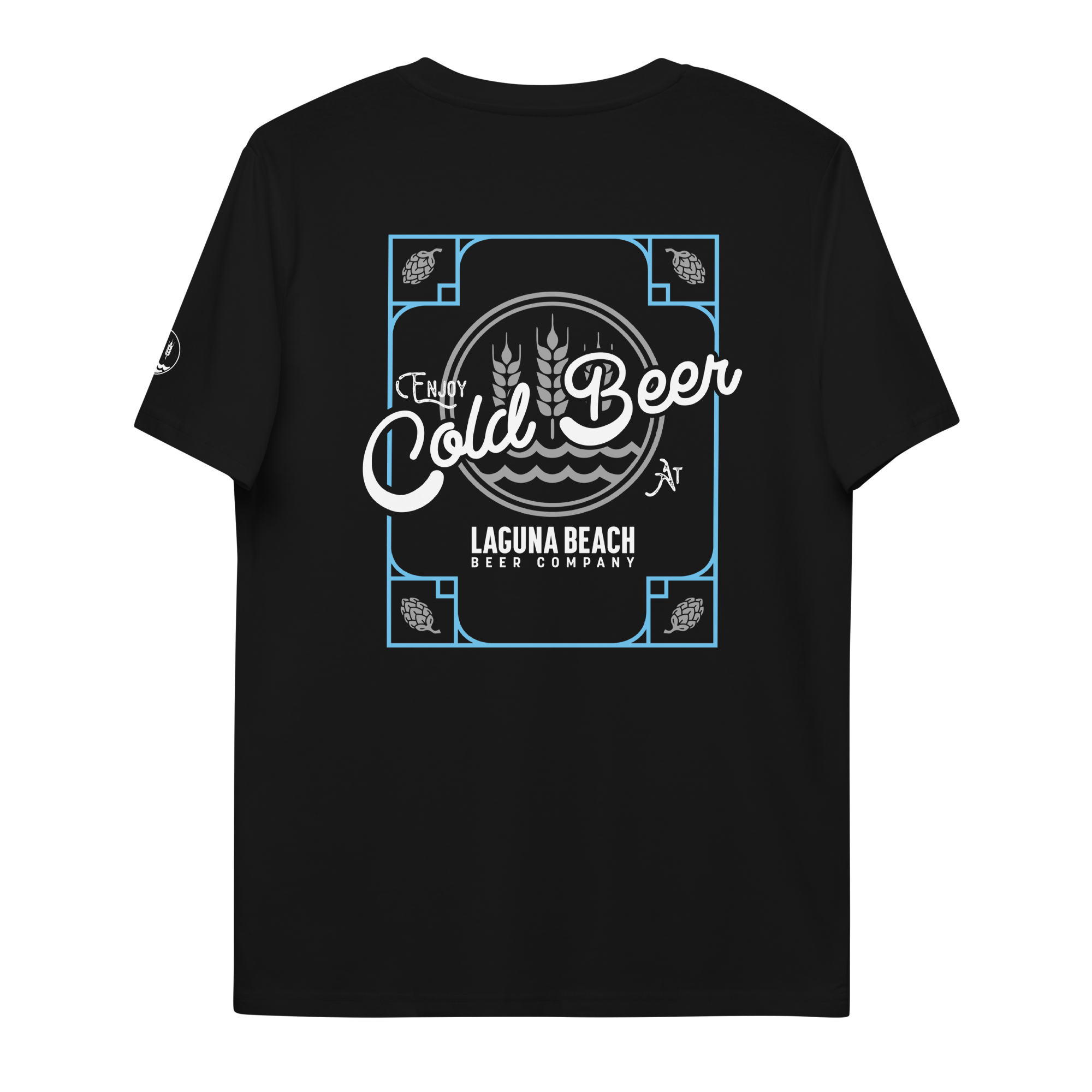 Black T-shirt with a graphic design featuring wheat, water, and hop illustrations, and text that says 'Enjoy Cold Beer at Laguna Beach Beer Company' in white and blue colors.