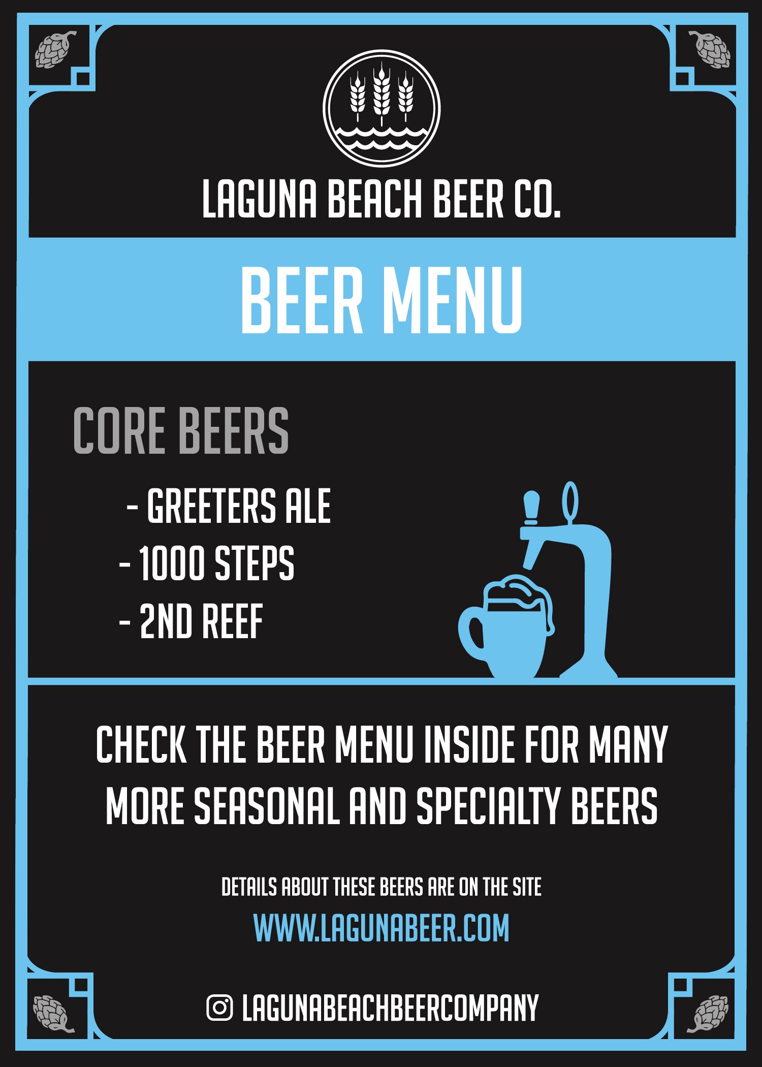Laguna Beach Beer Company menu featuring core beers: Greeters Ale, 1000 Steps, 2nd Reef, with a graphic of a beer tap and mug.