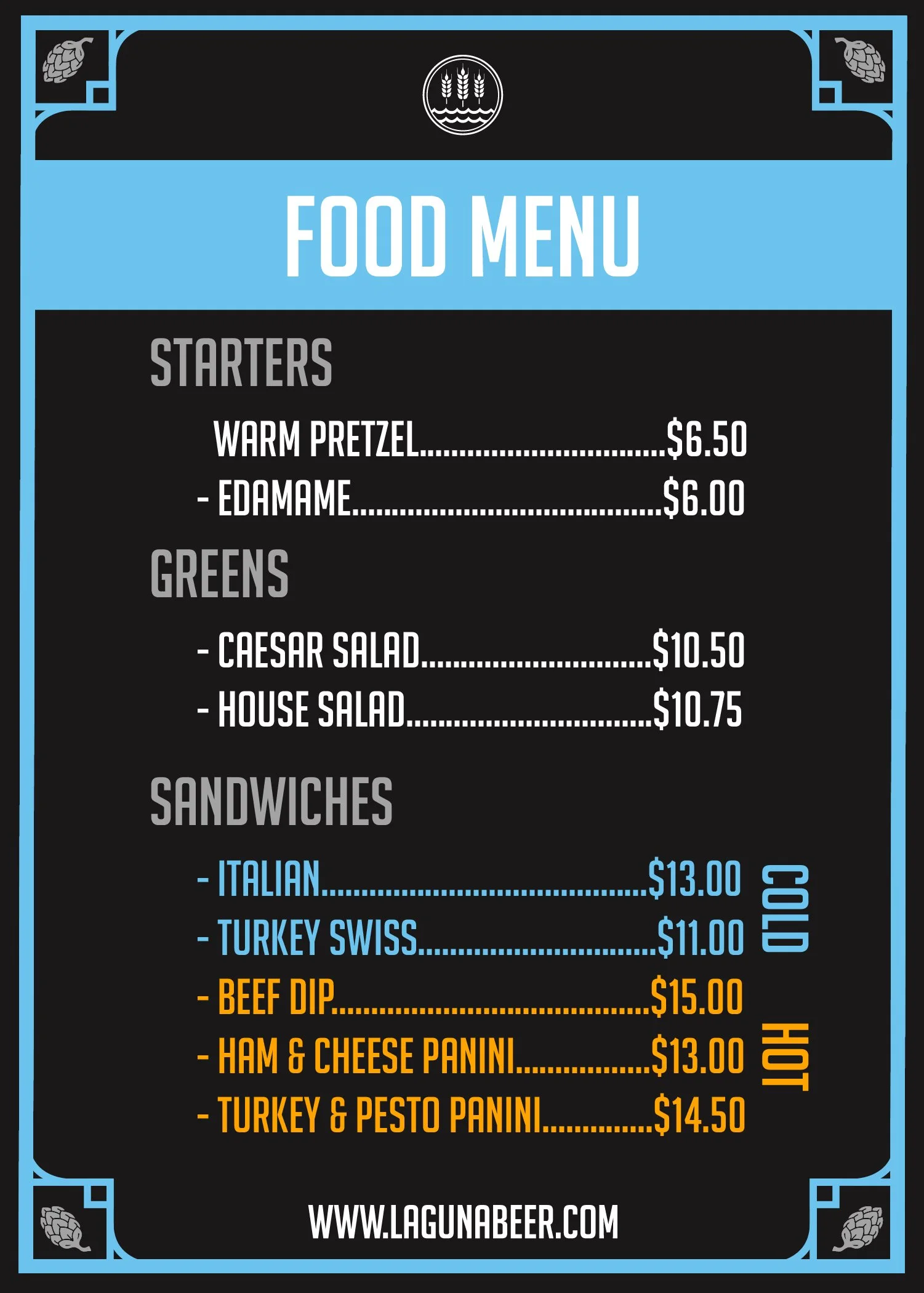 A food menu from Lagun Beer website with sections for starters, greens, and sandwiches, including items like warm pretzel, Caesar salad, Italian sandwich, and turkey pesto panini.