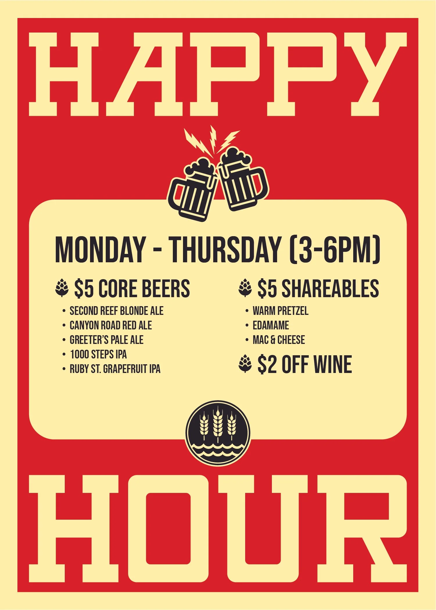A promotional poster for happy hour, featuring two beer mugs clinking with lightning bolts. The poster lists discounts on core beers, shareables, and wine, and specifies the hours as Monday to Thursday from 3 to 6 PM.