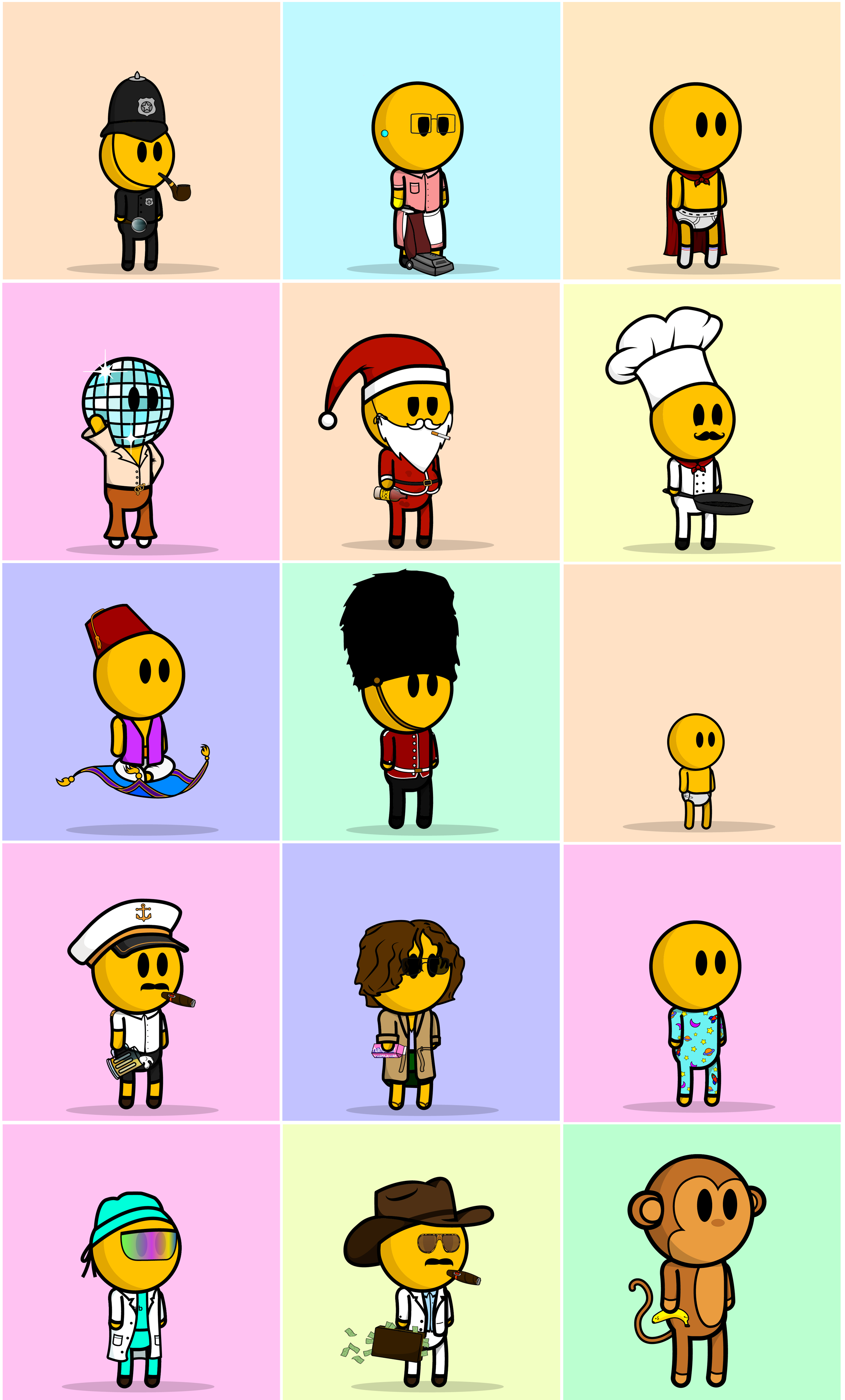 A collage of colorful cartoon characters dressed in various costumes.