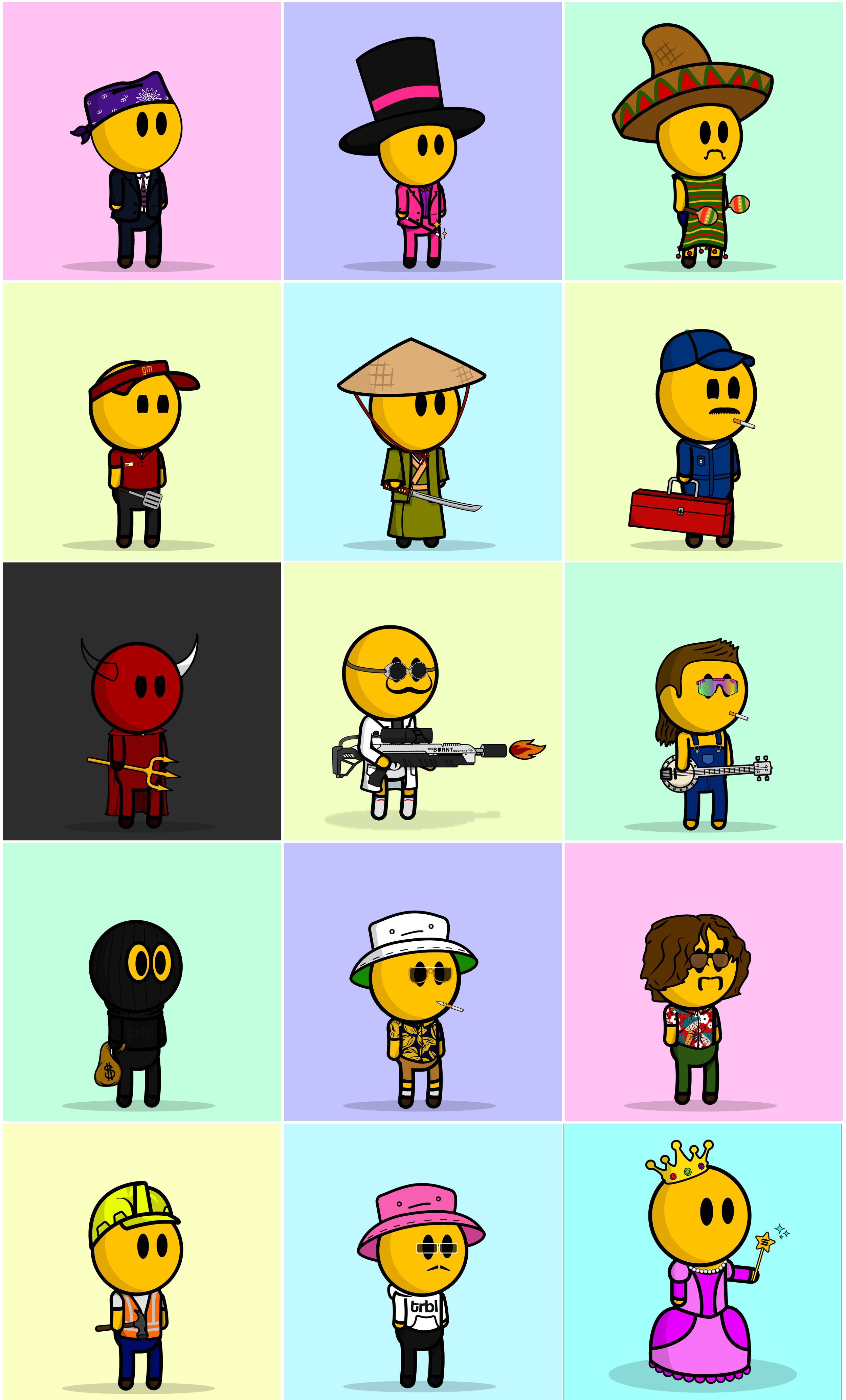 Grid of 15 cartoon yellow characters dressed in various costumes, including a businessman, magician, Mexican wrestler, construction worker, ninja, soldier, devil, soldier, musician, surfer, rapper, pirate, farmer, and princess.