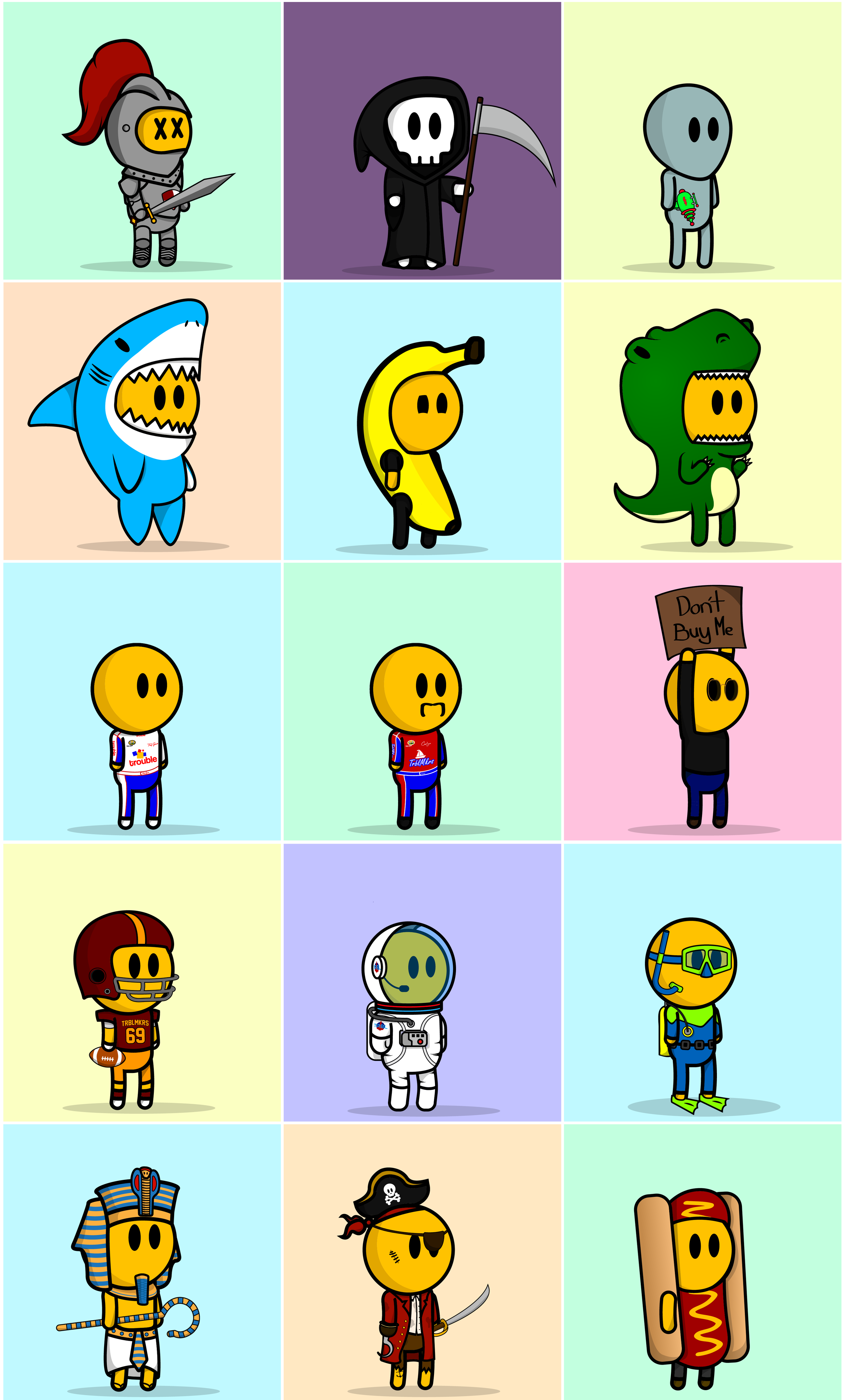 Collection of cartoon characters dressed as various costumes including a knight, grim reaper, space explorer, shark, banana, dinosaur, race car driver, firefighter, astronaut, scuba diver, Egyptian pharaoh, pirate, and hot dog.