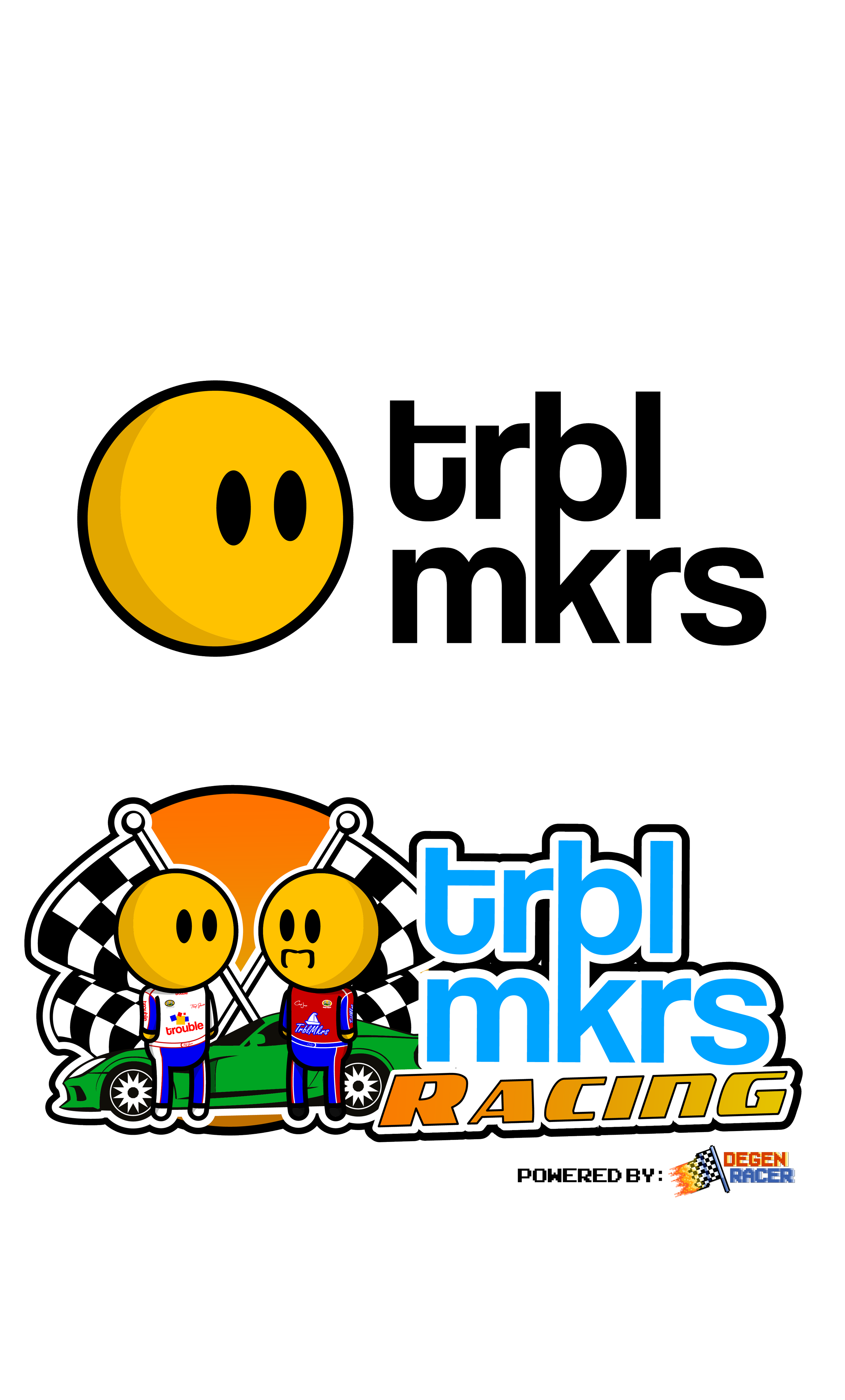 Colorful logo for 'trbl mkrs racing' featuring two cartoon characters in racing suits with checkered flags, a green race car, and the Deegen Racer logo at the bottom.