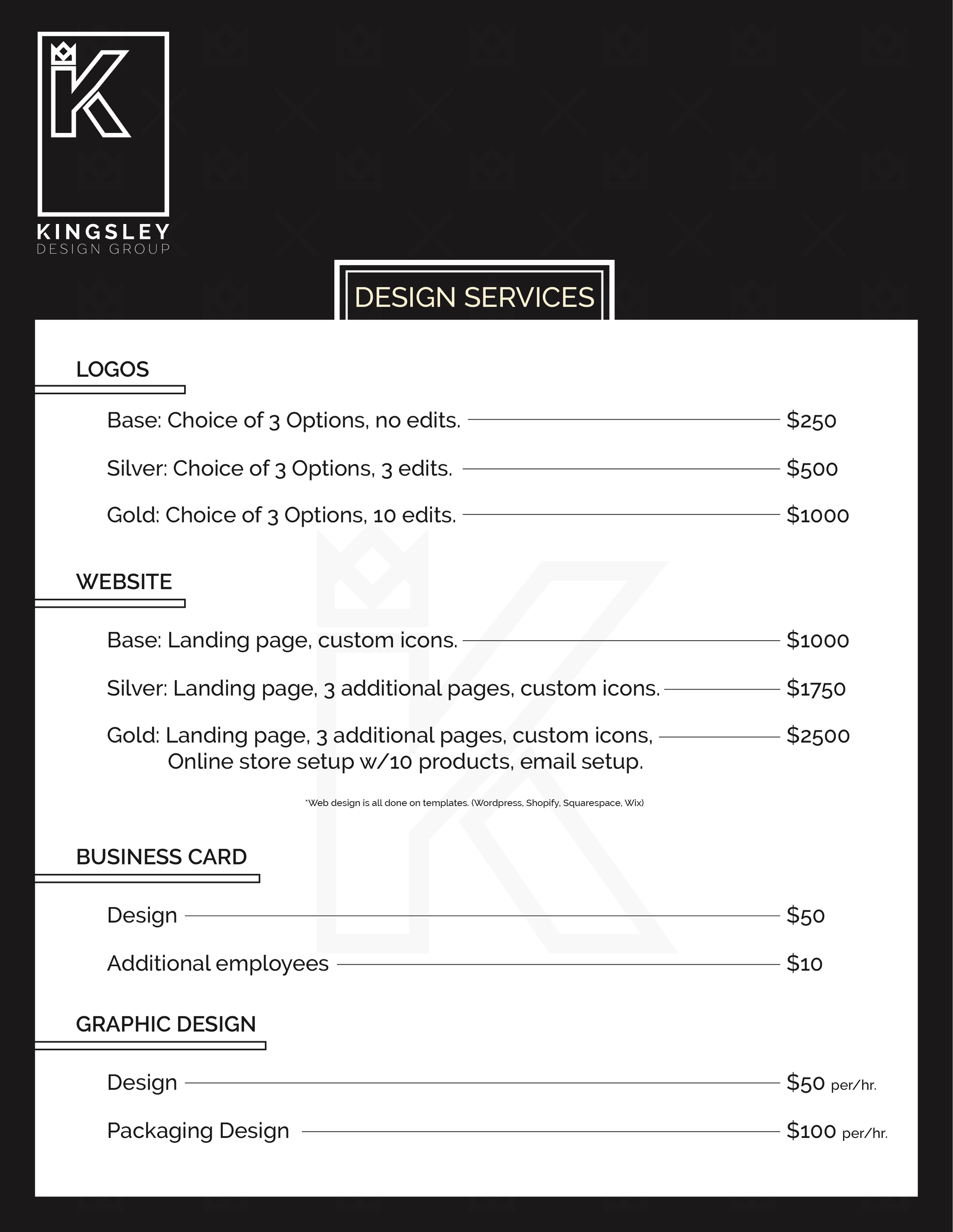 Prices and options for design services including logos, website, business card, and graphic design at Kingsley Design Group.