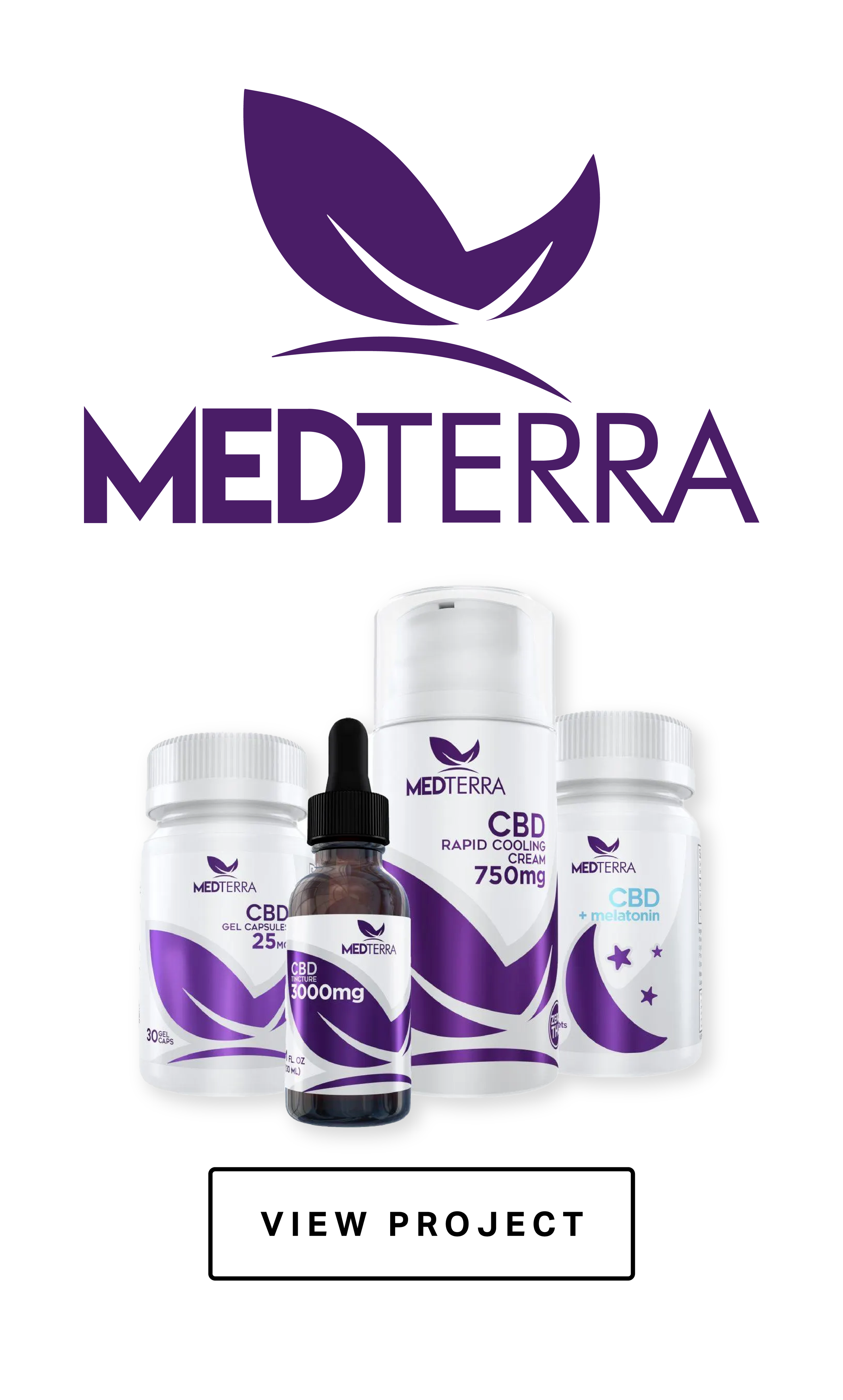 A promotional graphic for MedTerra, featuring CBD products including capsules, tincture, and cream, with a top logo and a "View Project" button.
