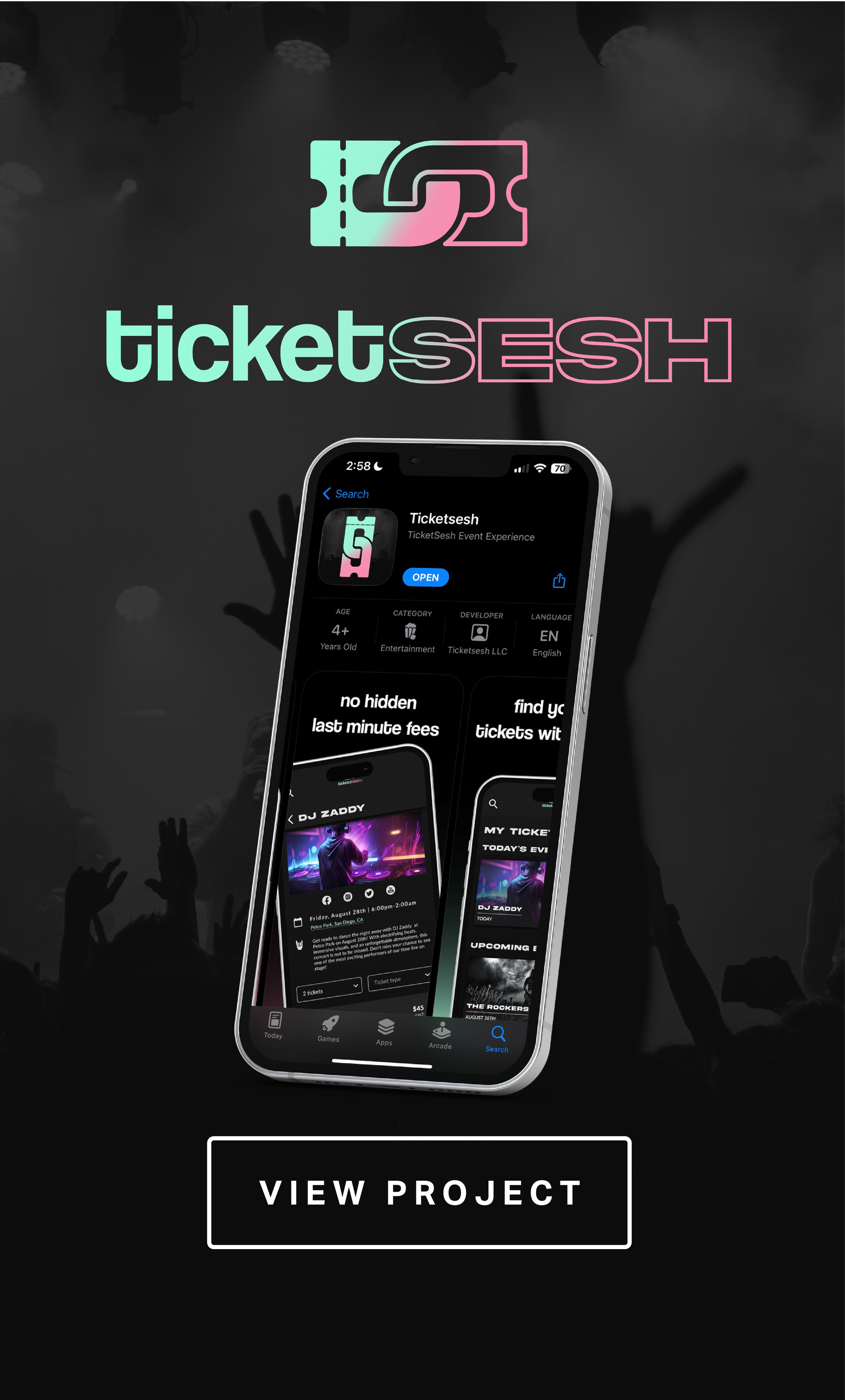 Digital advertisement for TicketSesh app with a smartphone displaying event tickets and a crowd at a concert.