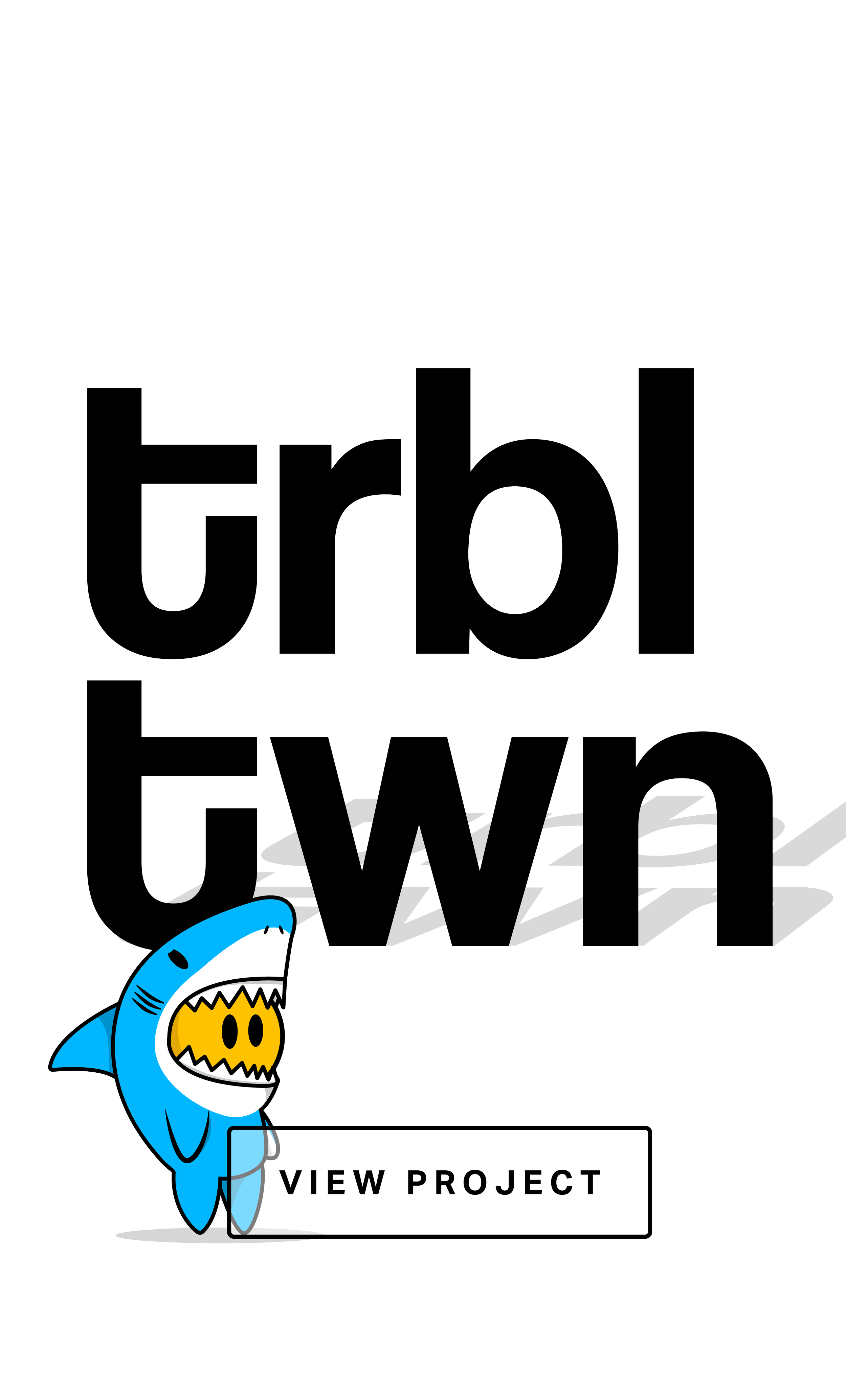 A cartoon blue shark with a yellow face and sharp teeth, standing next to a white button that says 'View Project'. The background features the text 'Urban Shark' in a stylized outline.