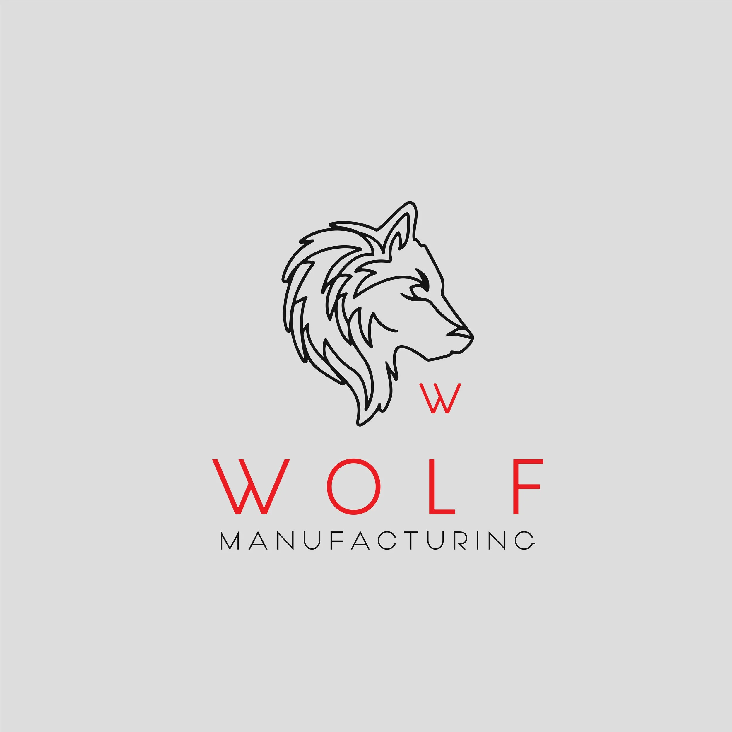 Logo for Wolf Manufacturing featuring a stylized outline of a wolf's head in black and red text spelling 'WOLF' with 'MANUFACTURING' underneath on a light gray background.