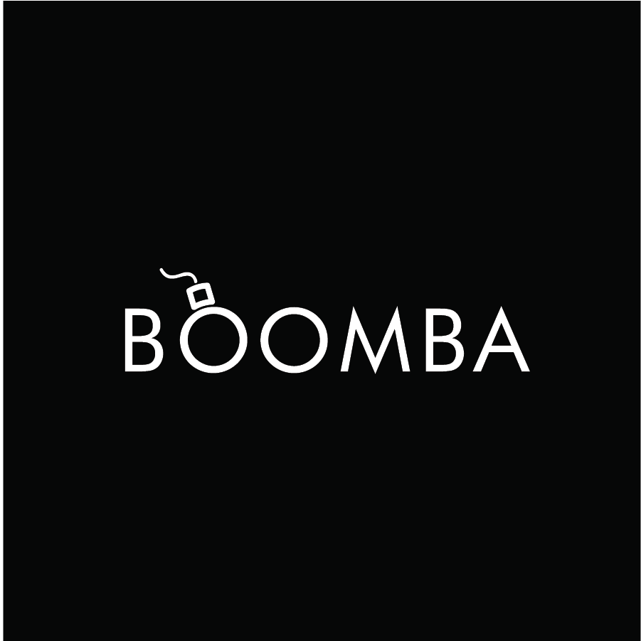 Black background with the word 'BOOMBA' in white capital letters, with a bomb fuse above the letter B.