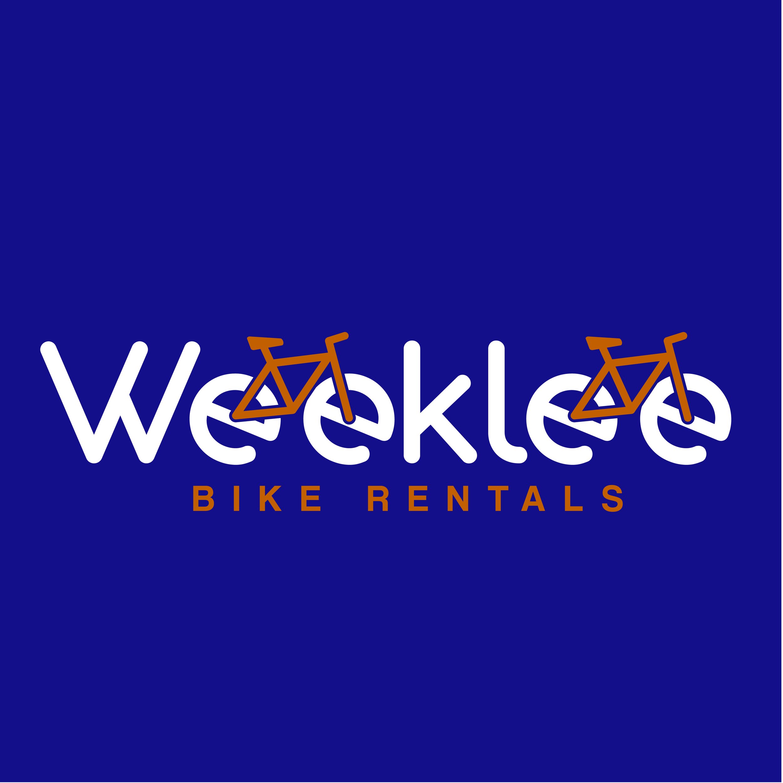 Logo for Wekle, a bike rental company, featuring white text and two orange bicycles crossed over the text on a blue background.