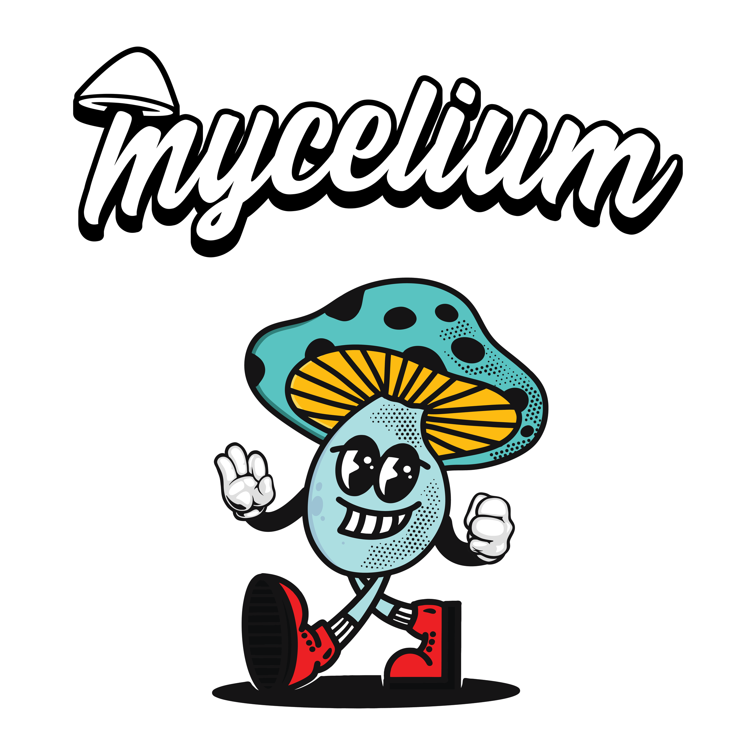 A cartoon mushroom character with a large blue cap and black spots, smiling with sunglasses, wearing red boots, running with fists raised, with the word 'mushroom' in stylized script above, and a small mushroom illustration at the top left.