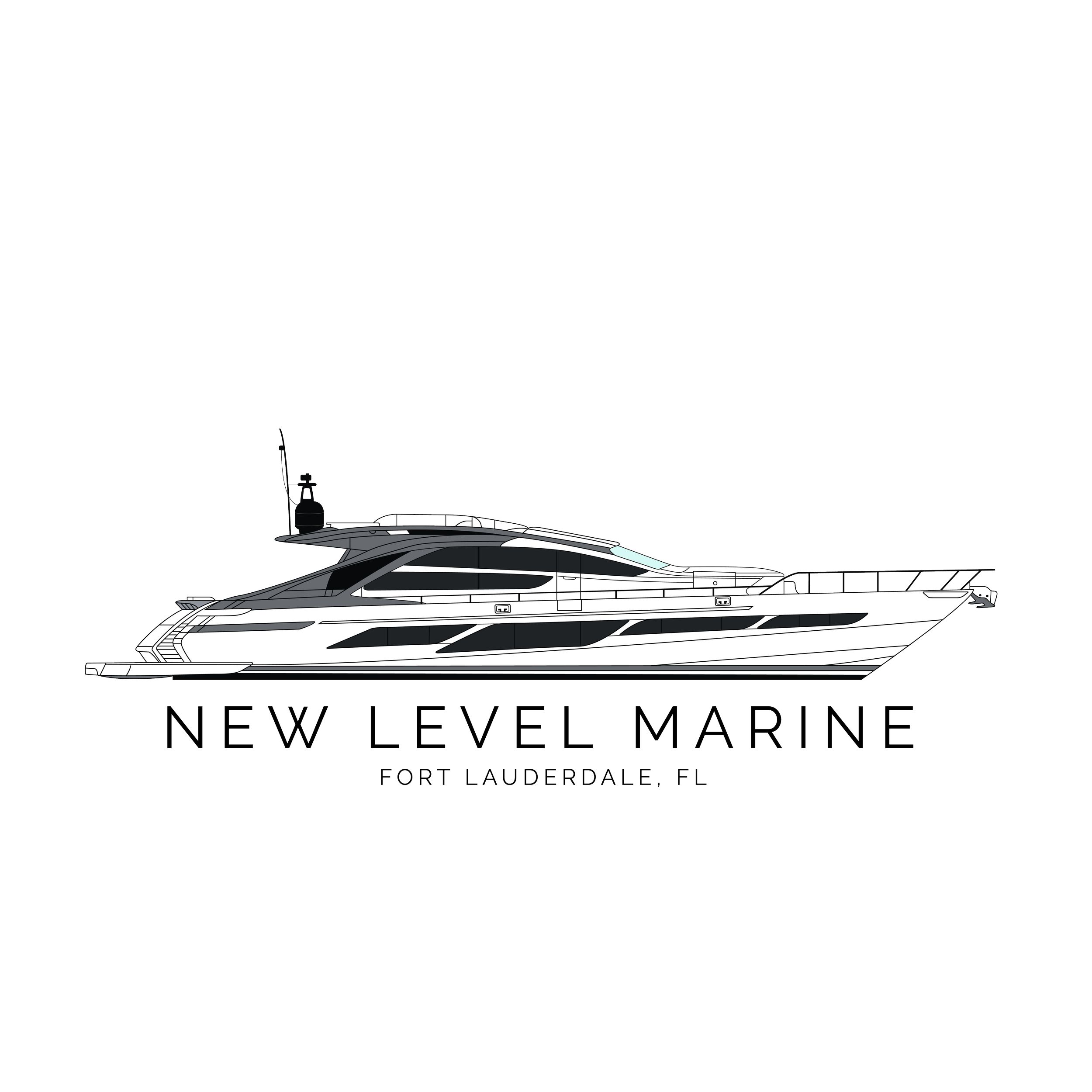 Line drawing of a luxury yacht with 'New Level Marine' and 'Fort Lauderdale, FL' text below.