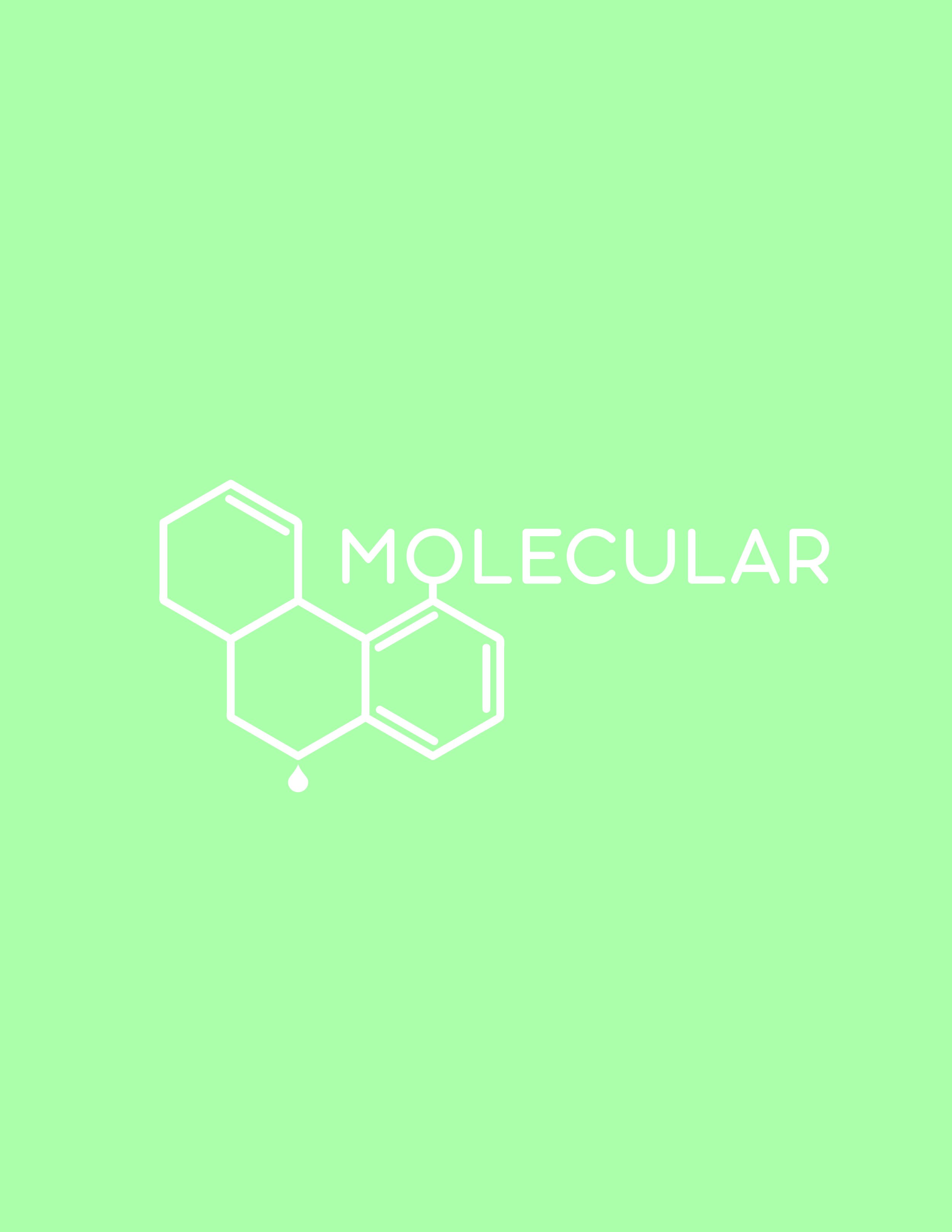 Green background with a simple white molecular structure and the word 'MOLECULAR' written beside it.
